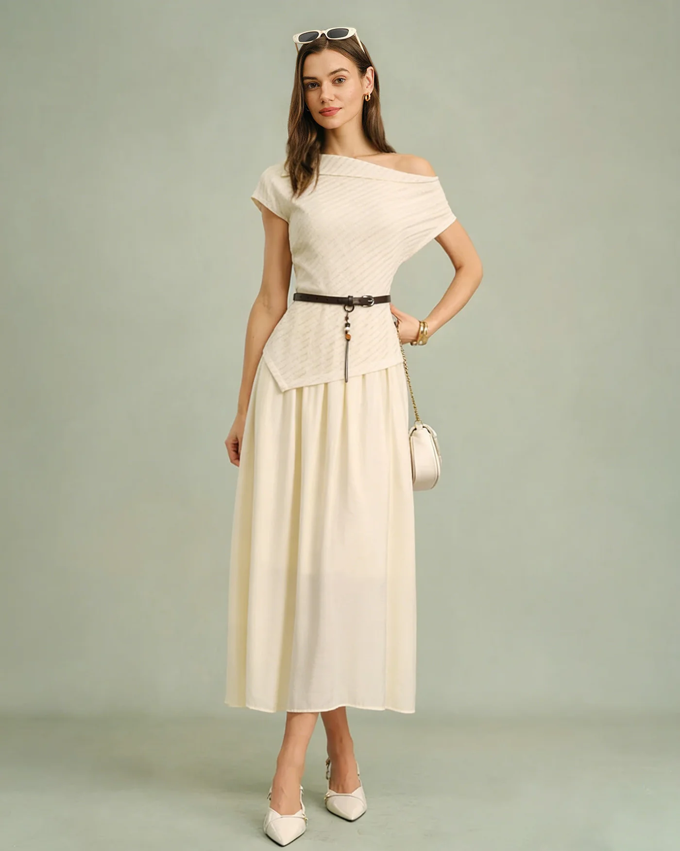 Apricot Boat Neck Belt Midi Dress - Image 2