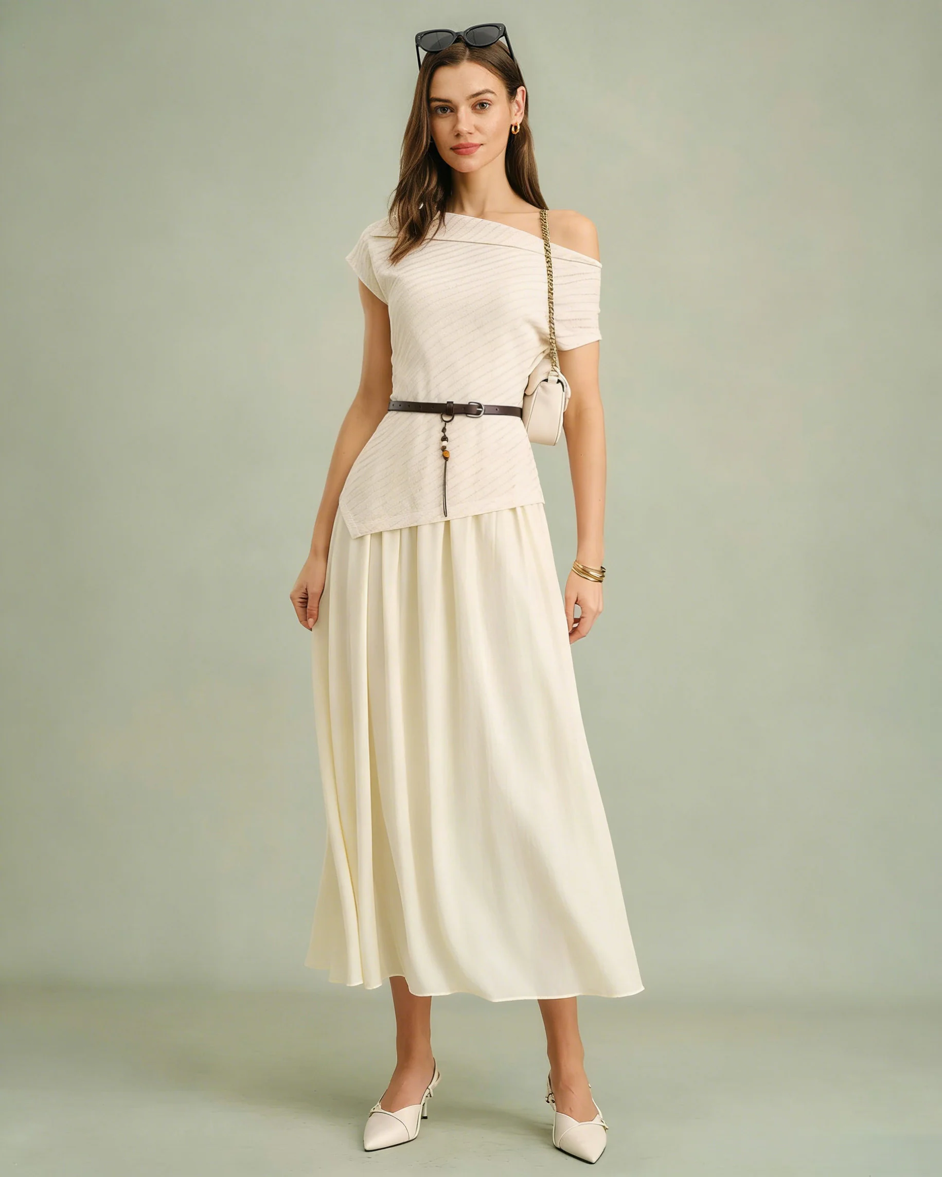 Apricot Boat Neck Belt Midi Dress - Image 3