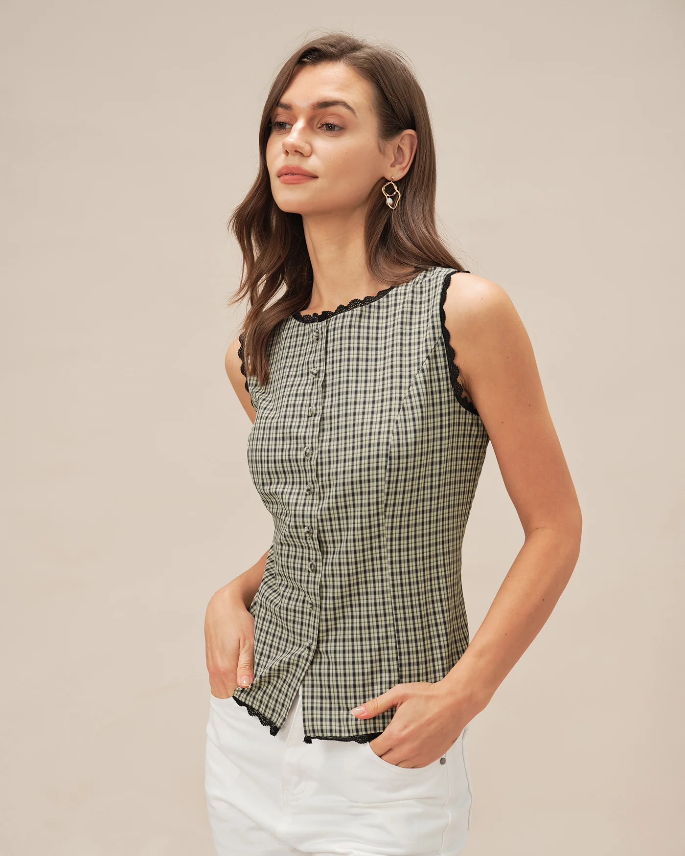 Apricot Boat Neck Plaid Tank Top - Image 3