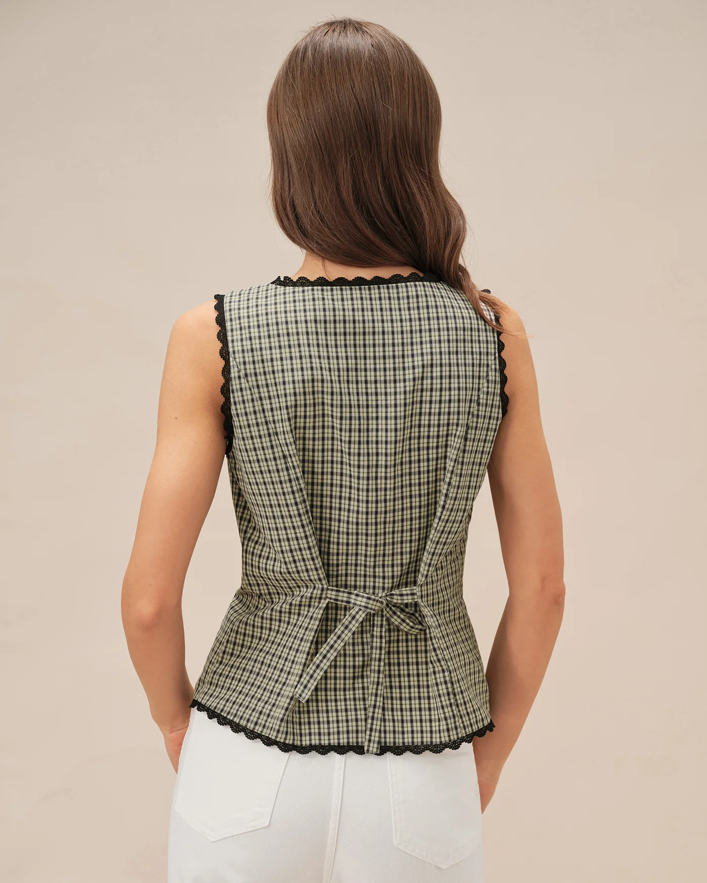 Apricot Boat Neck Plaid Tank Top - Image 4