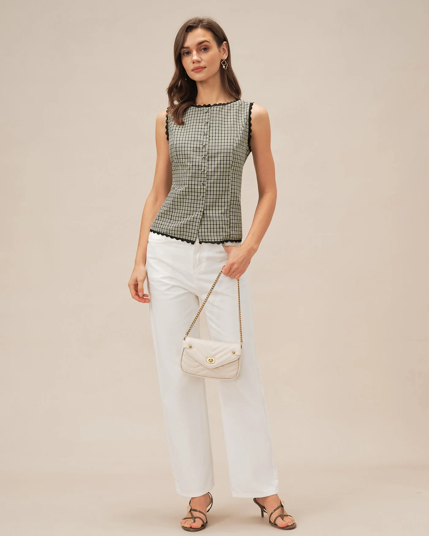 Apricot Boat Neck Plaid Tank Top - Image 5
