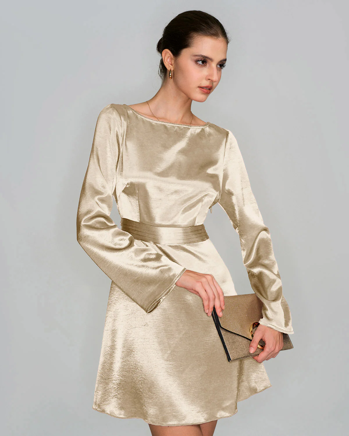 Apricot Boat Neck Satin A-Line Mini Dress - Image 2