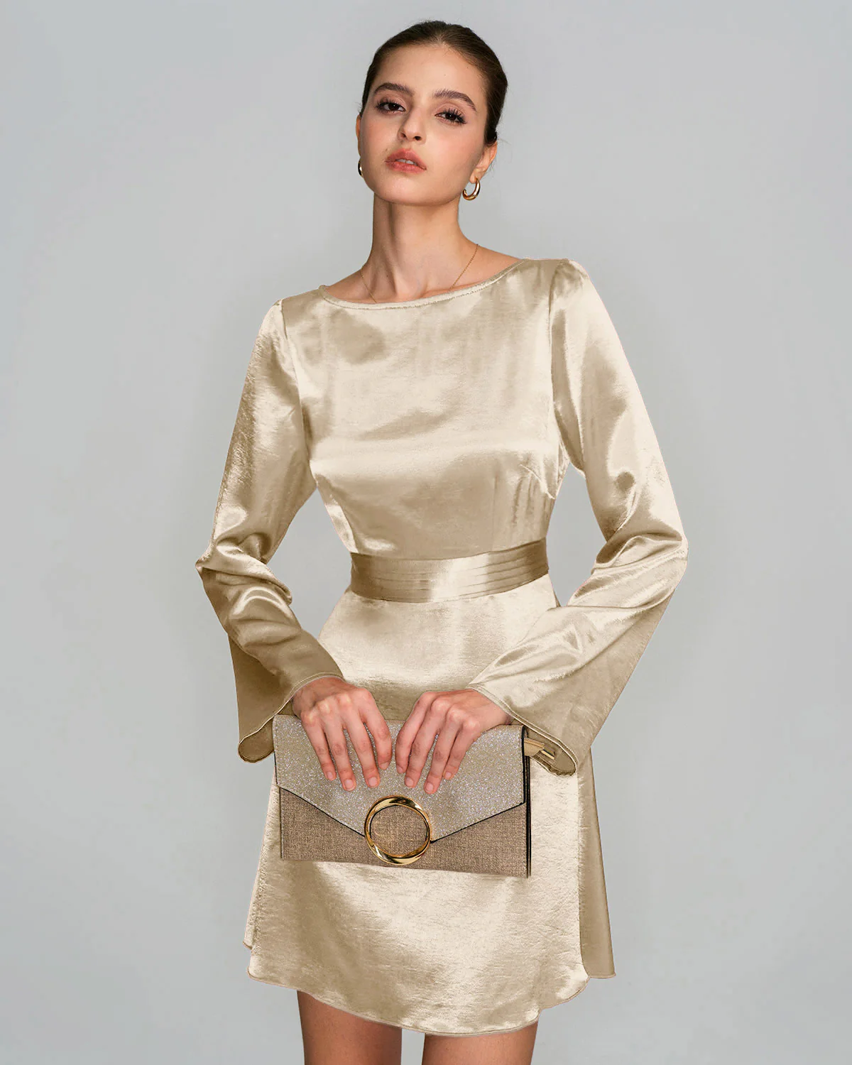 Apricot Boat Neck Satin A-Line Mini Dress - Image 3