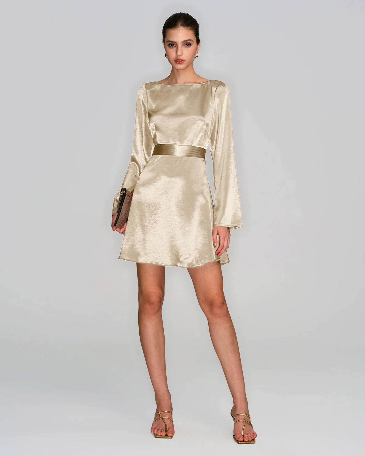Apricot Boat Neck Satin A-Line Mini Dress - Image 5