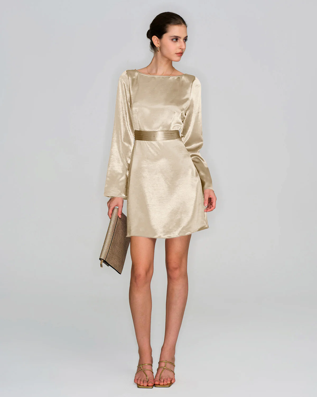 Apricot Boat Neck Satin A-Line Mini Dress - Image 6