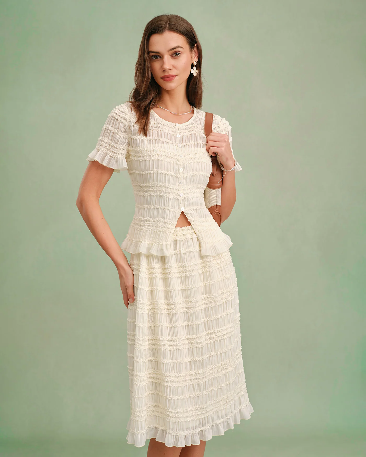 Apricot Boat Neck Shirred Tee - Image 3