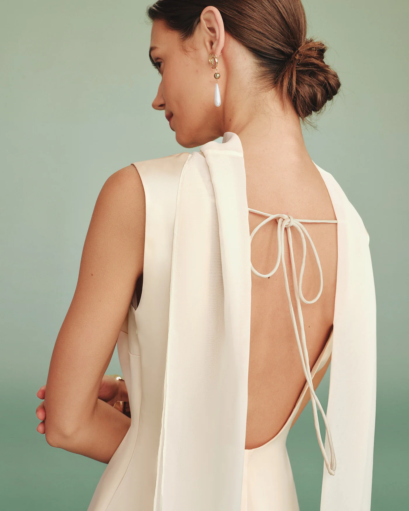 Apricot Boat Neck Tie Satin Mini Dress - Image 2