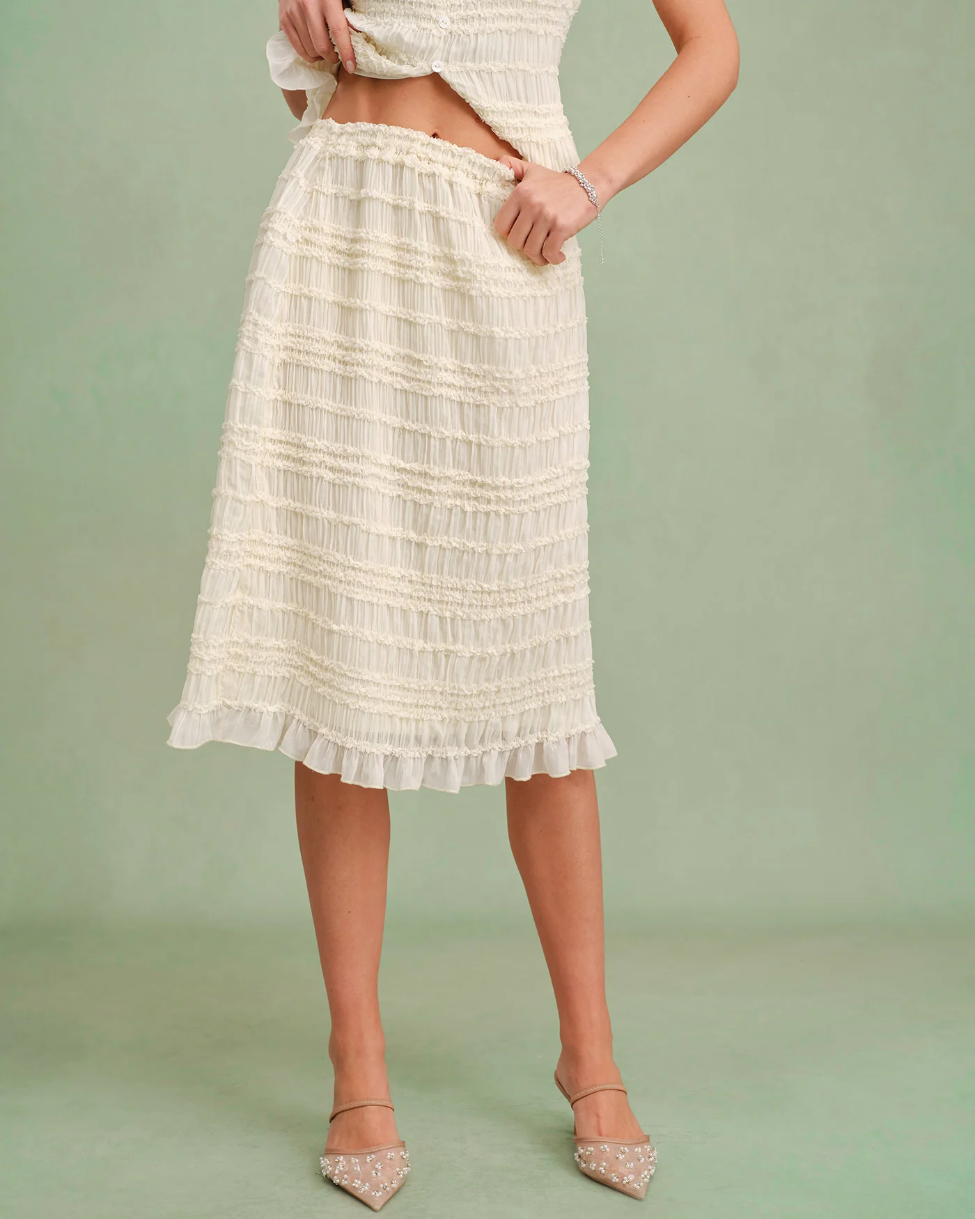 Apricot Elastic Waist Shirred Midi Skirt - Image 3