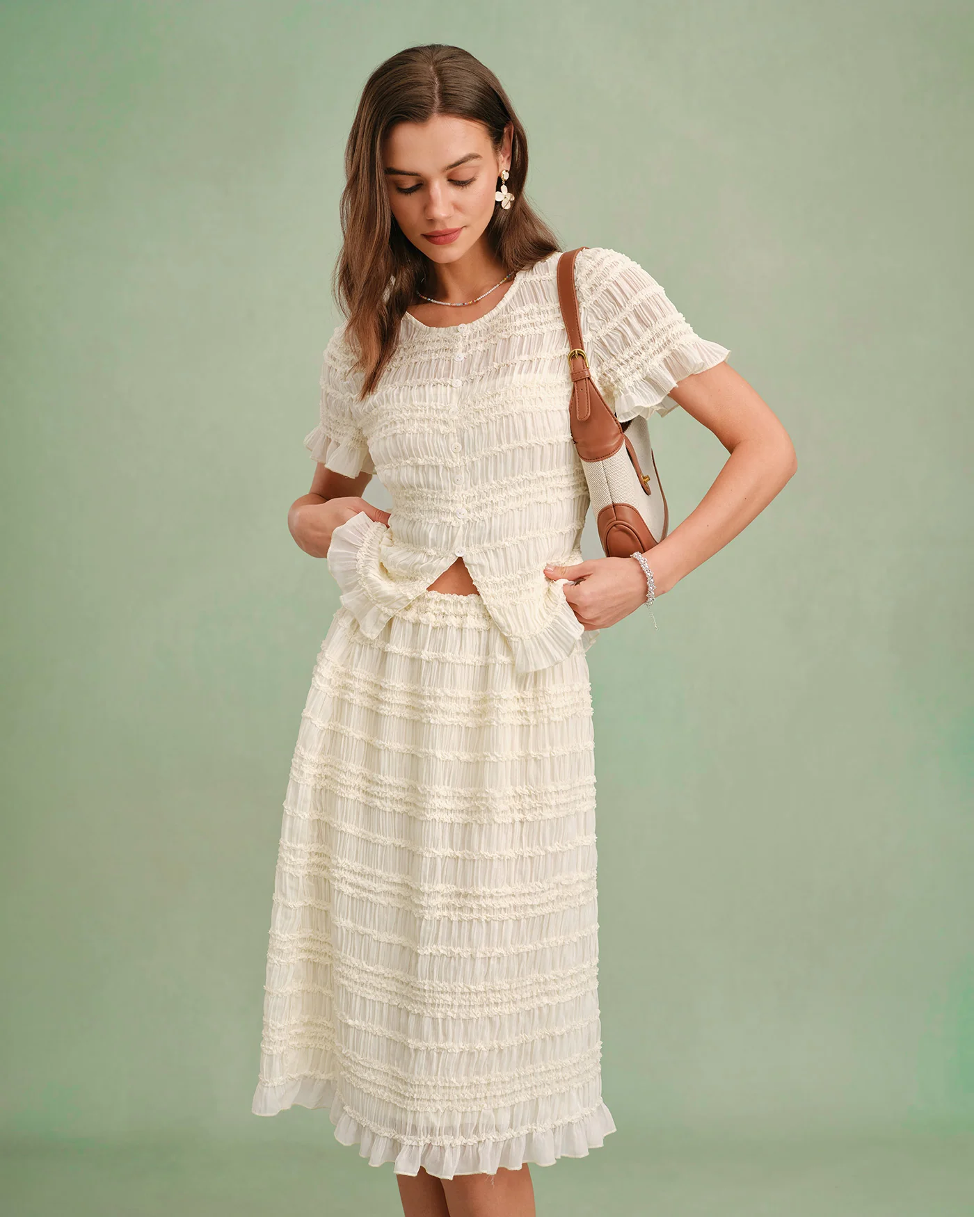 Apricot Elastic Waist Shirred Midi Skirt - Image 4