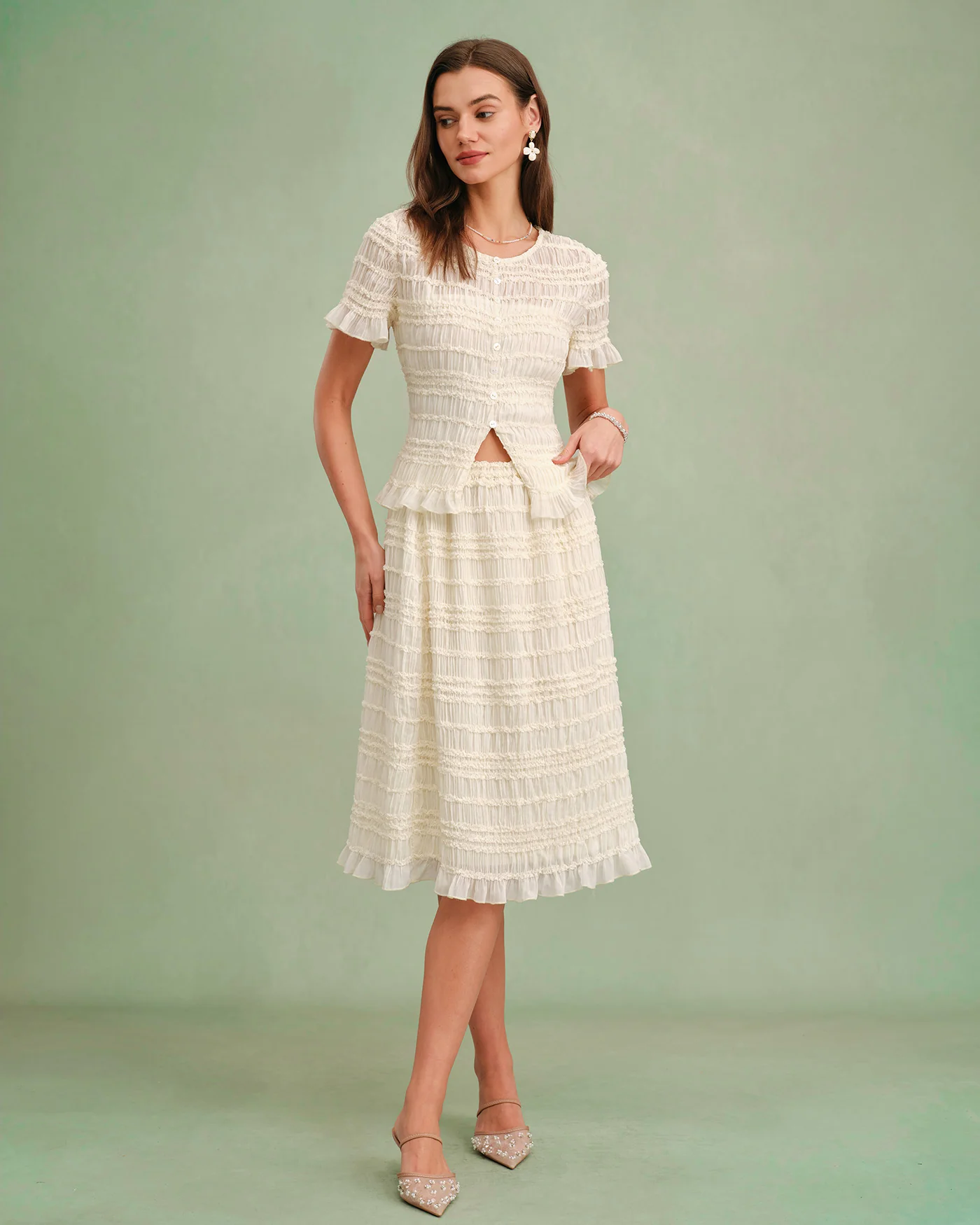 Apricot Elastic Waist Shirred Midi Skirt - Image 5