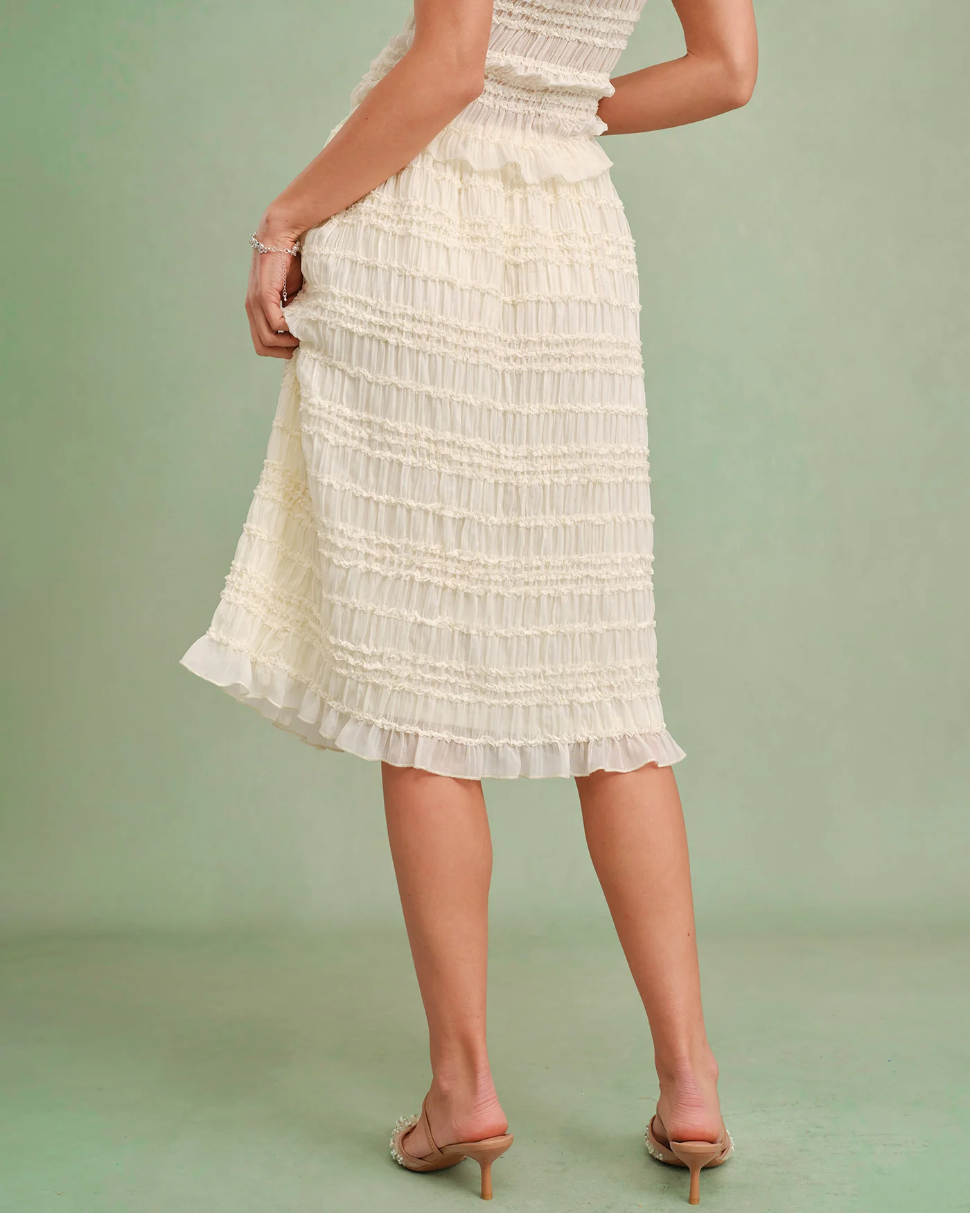 Apricot Elastic Waist Shirred Midi Skirt - Image 6
