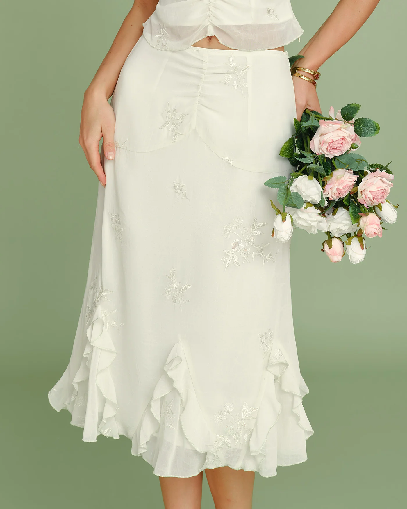 Apricot Embroidery Ruffle Midi Skirt - Image 2