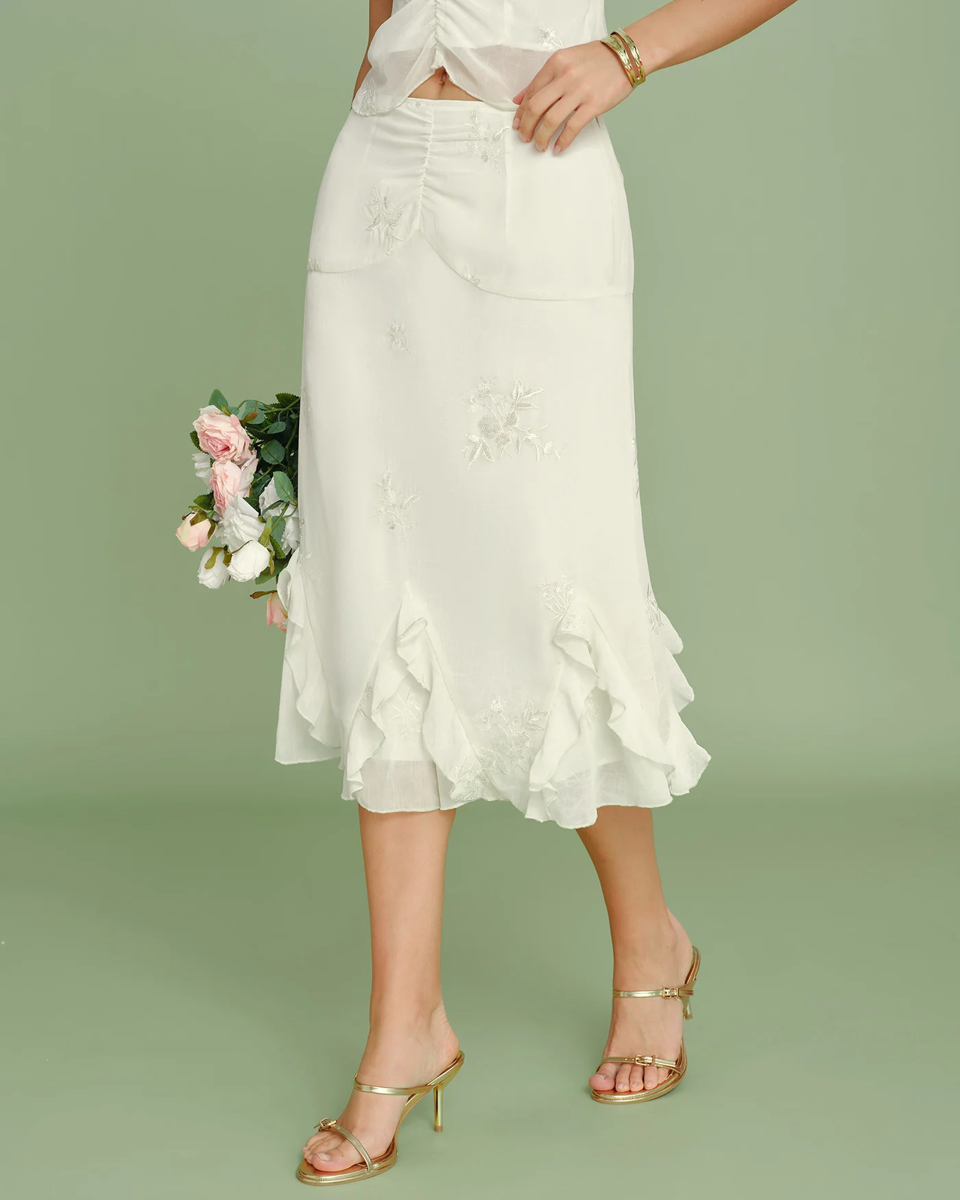 Apricot Embroidery Ruffle Midi Skirt - Image 5
