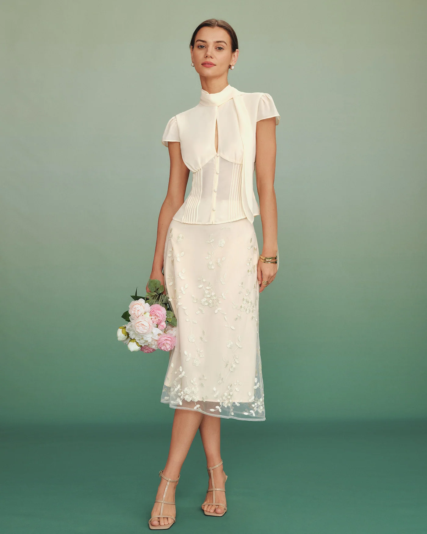 Apricot Floral Embroidery Mesh Midi Skirt - Image 4