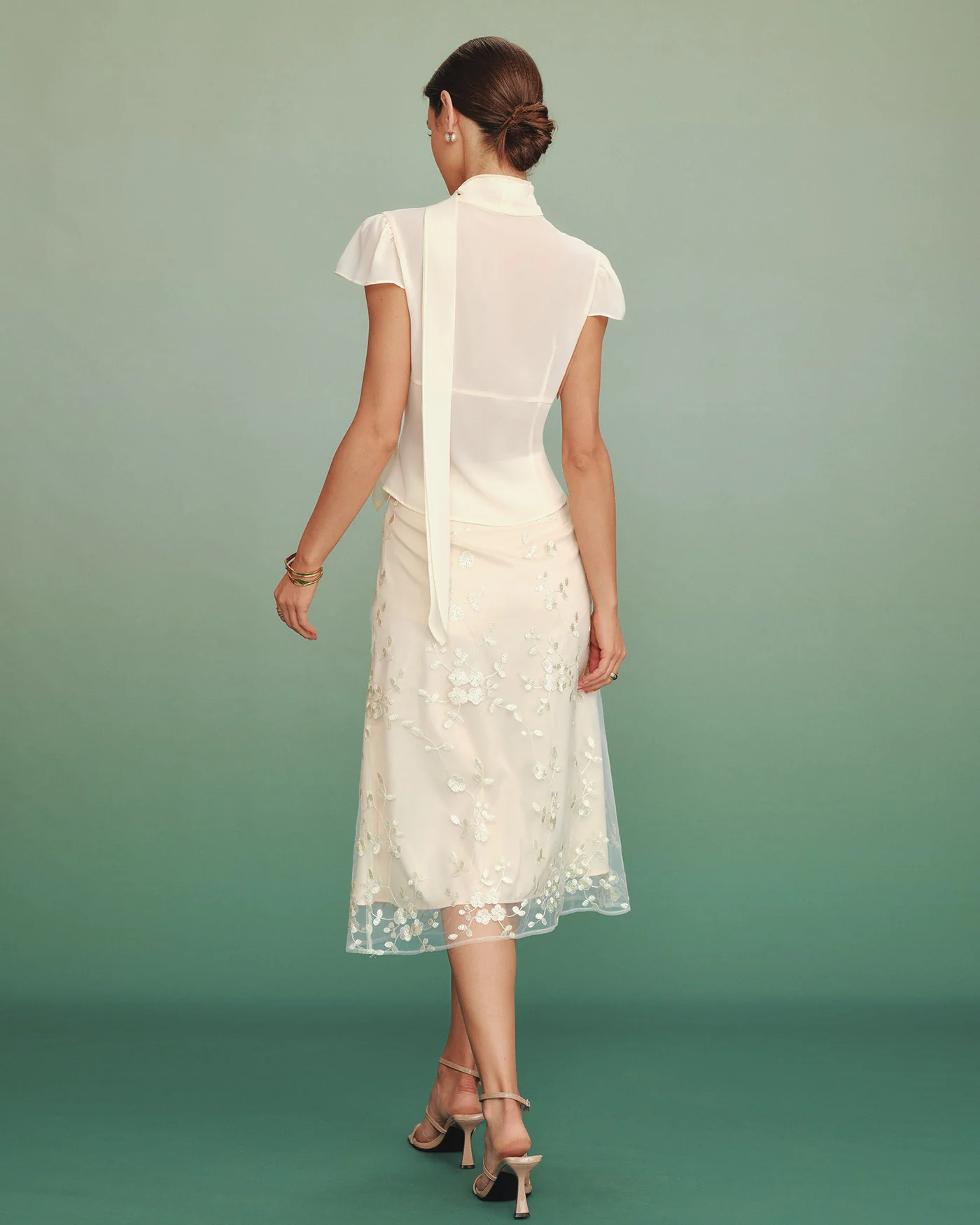 Apricot Floral Embroidery Mesh Midi Skirt - Image 5