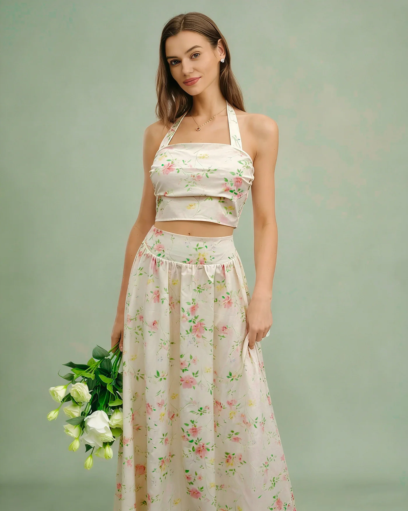 Apricot Floral Halter Two-Piece Skirt Set - Image 4