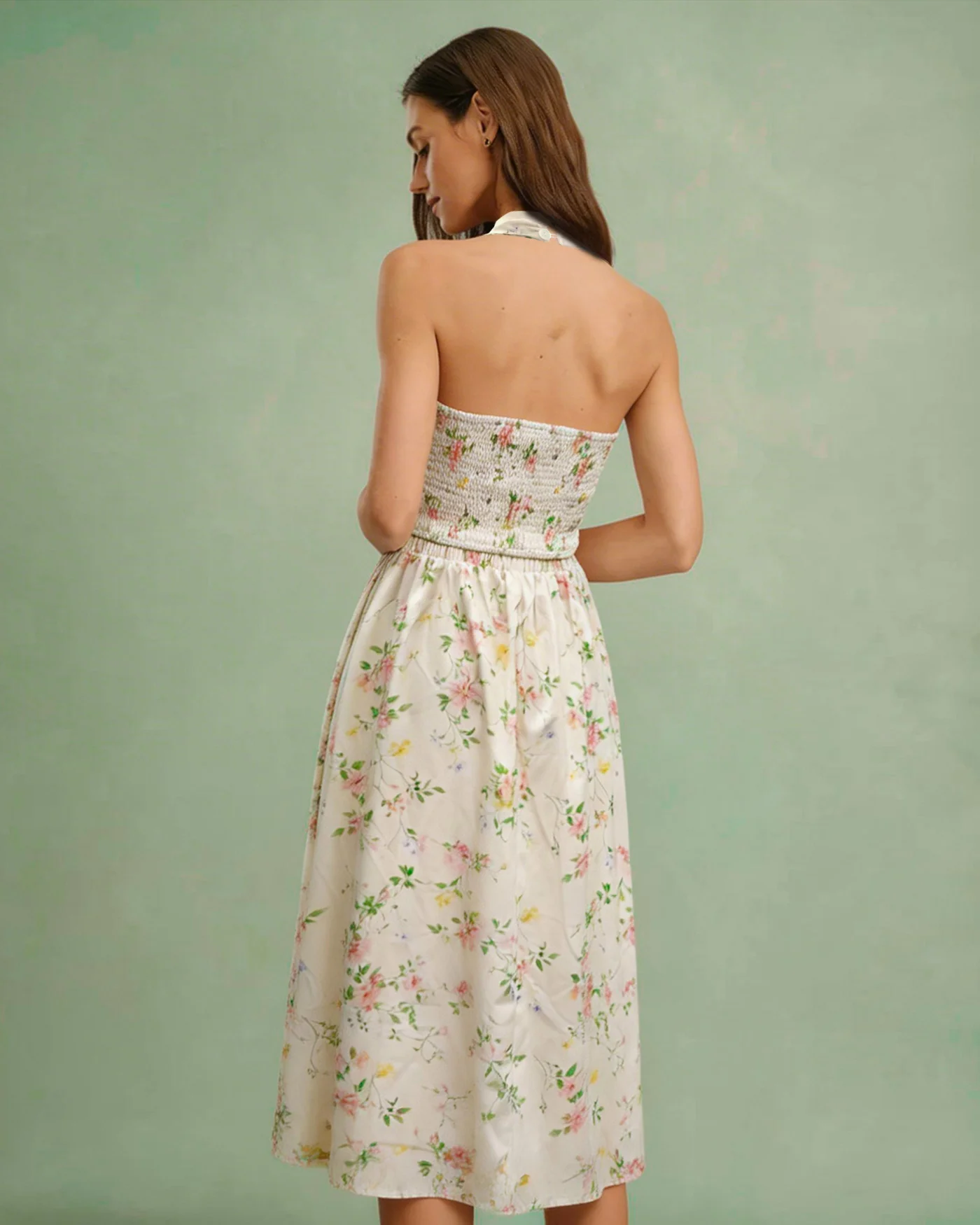 Apricot Floral Halter Two-Piece Skirt Set - Image 5
