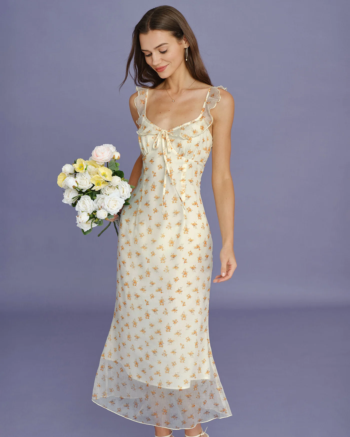Apricot Floral Ruffle Slip Maxi Dress - Image 3