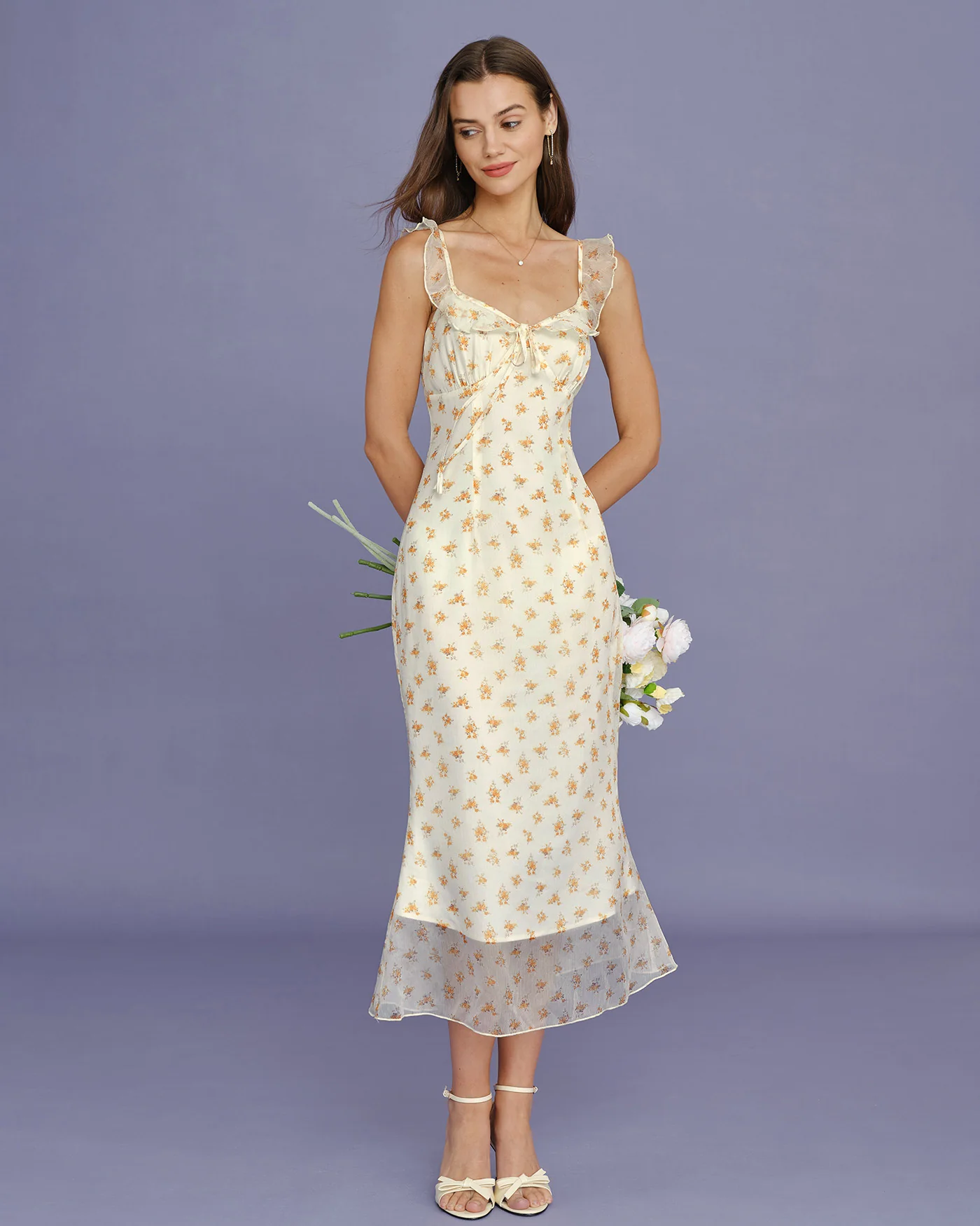 Apricot Floral Ruffle Slip Maxi Dress - Image 5