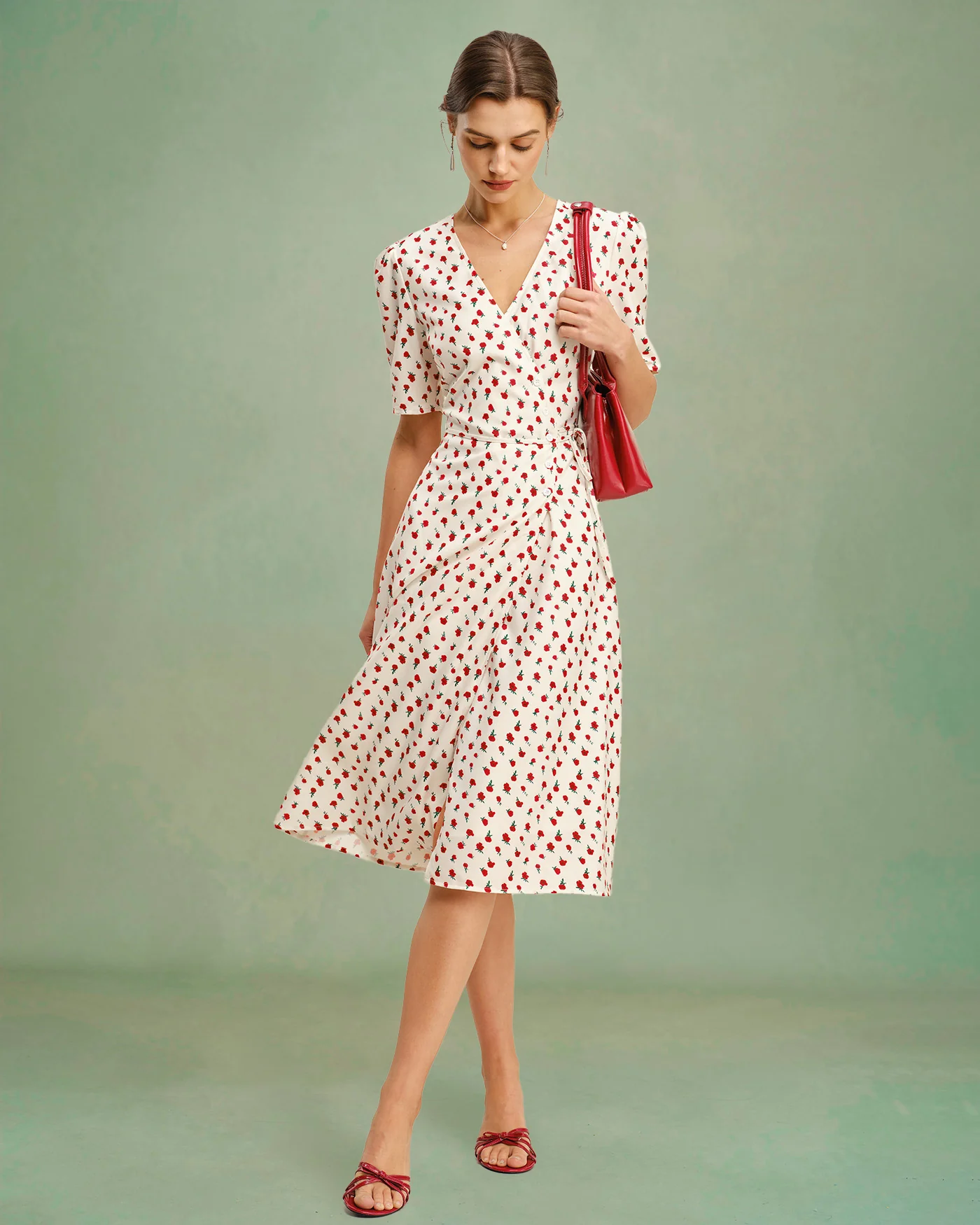 Apricot Floral V Neck Midi Dress - Image 3