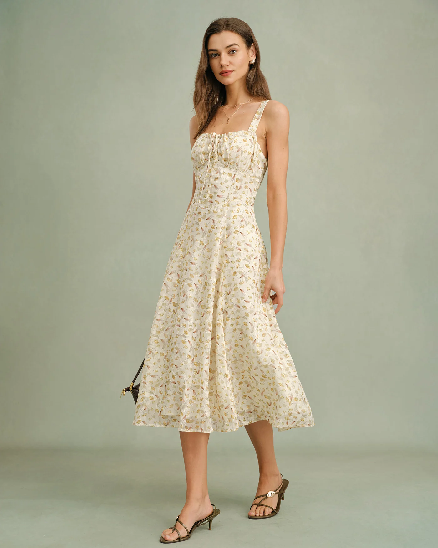 Apricot Floral Zipper Slip Midi Dress - Image 4