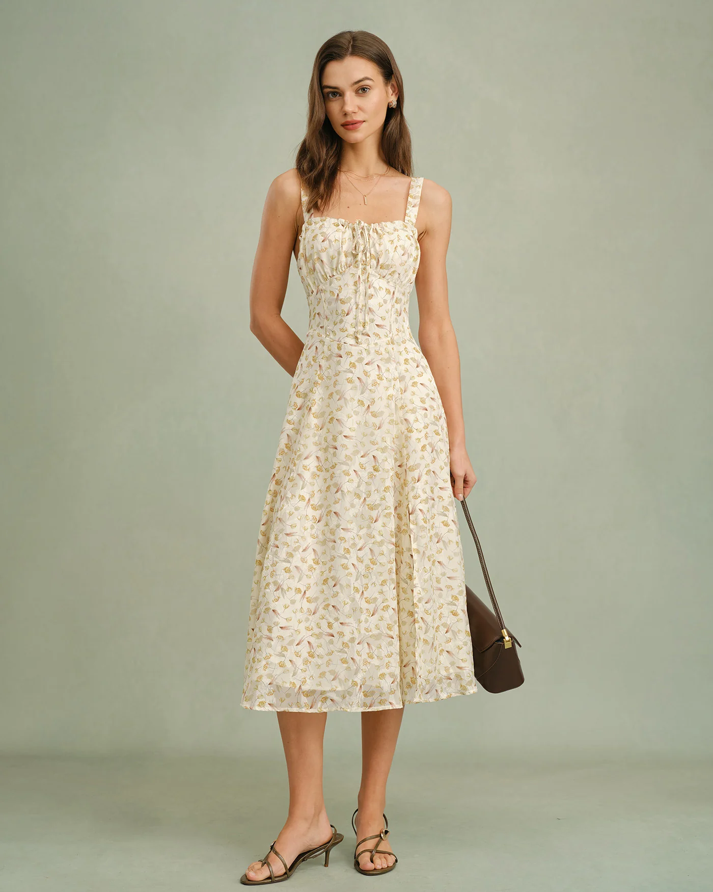 Apricot Floral Zipper Slip Midi Dress - Image 5