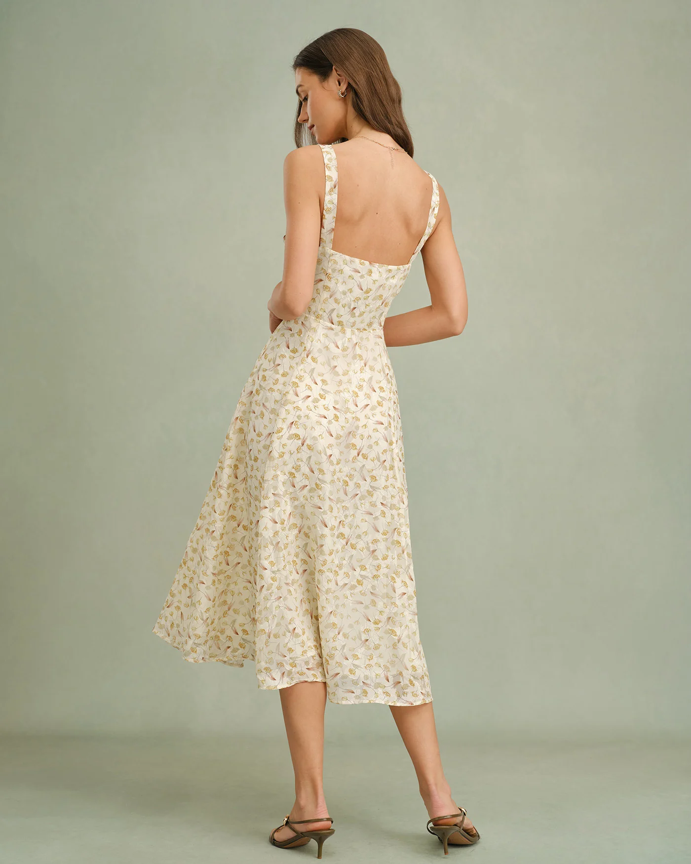 Apricot Floral Zipper Slip Midi Dress - Image 6