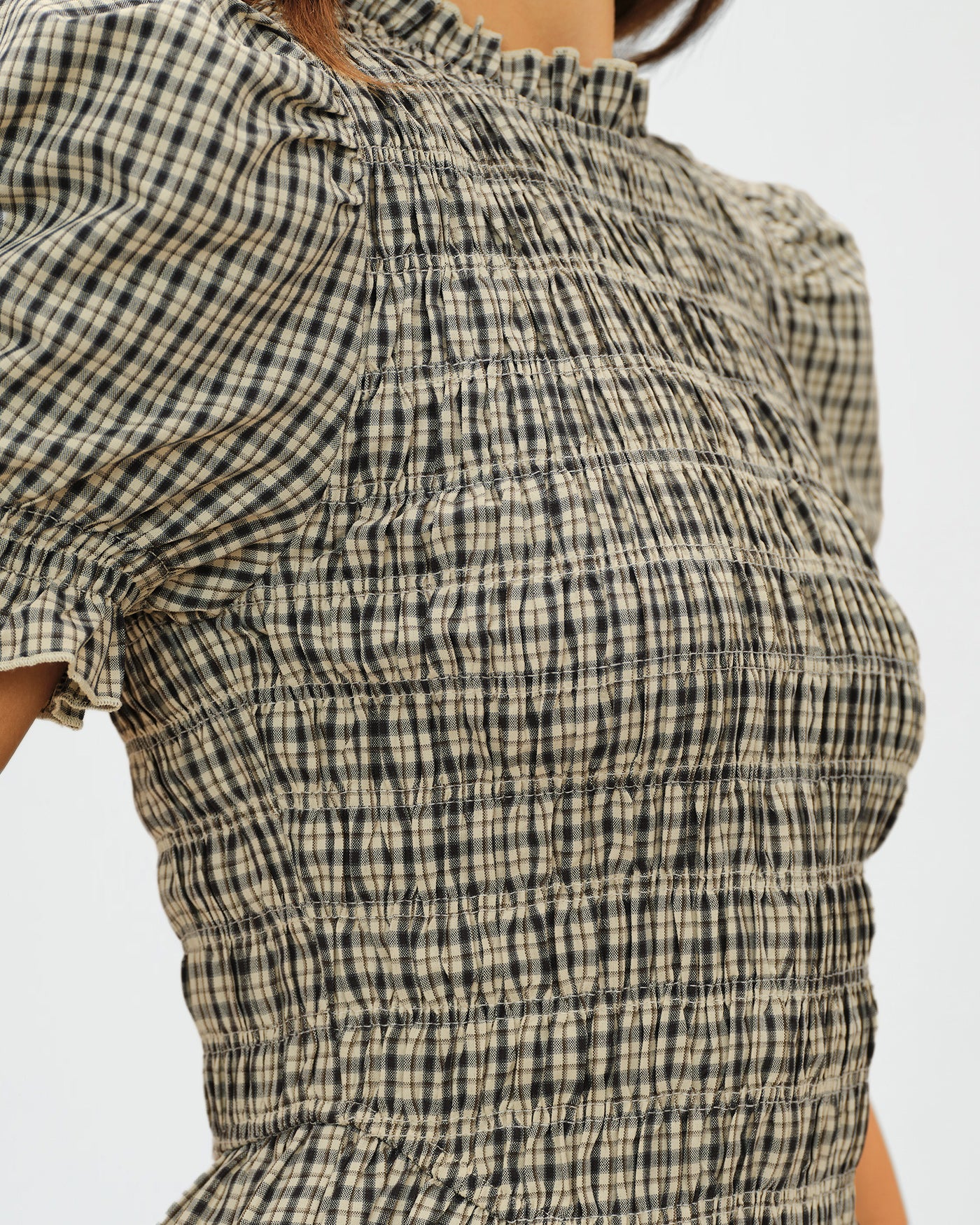 Apricot Lantern Sleeve Shirred Plaid Tee - Image 2