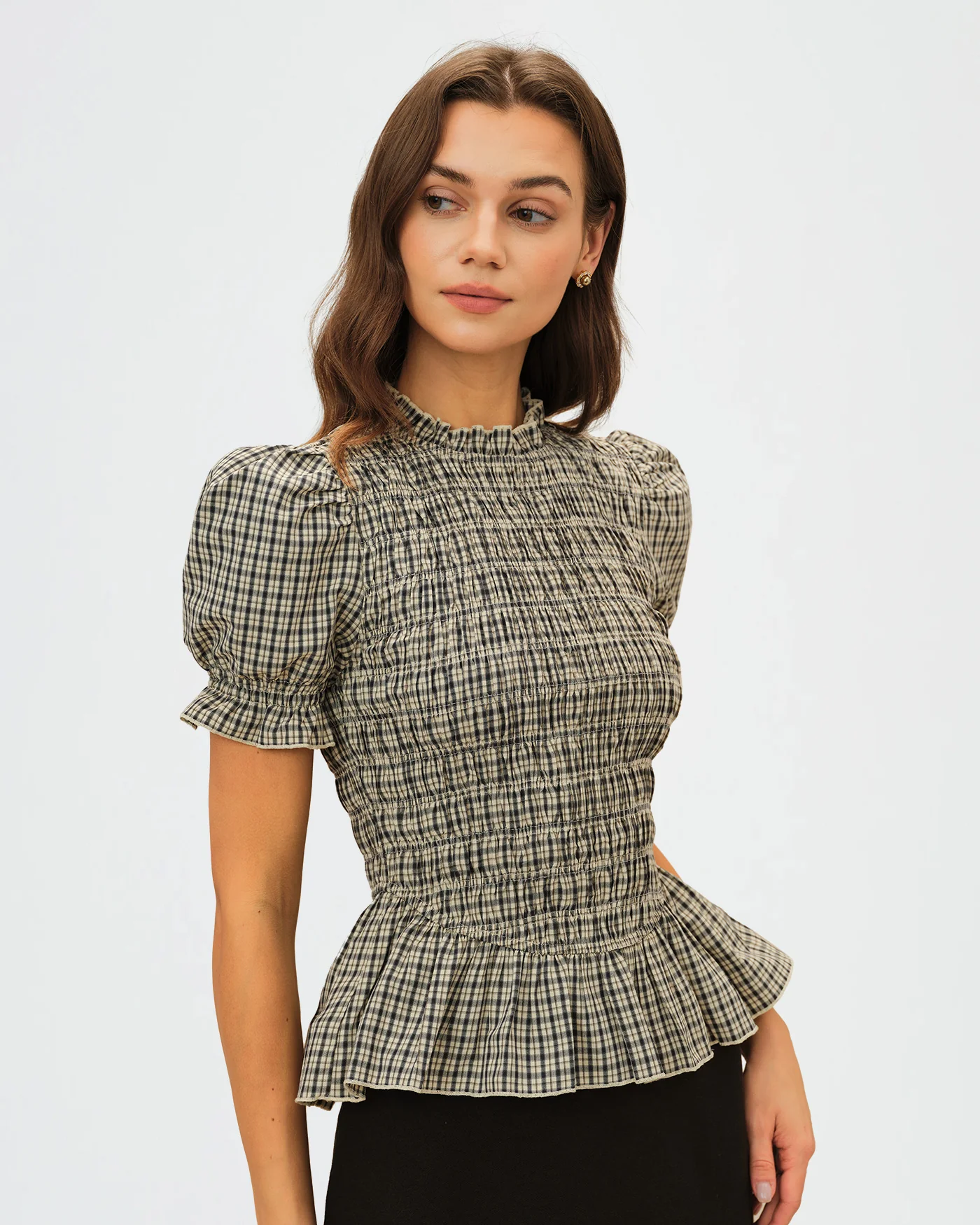 Apricot Lantern Sleeve Shirred Plaid Tee - Image 3