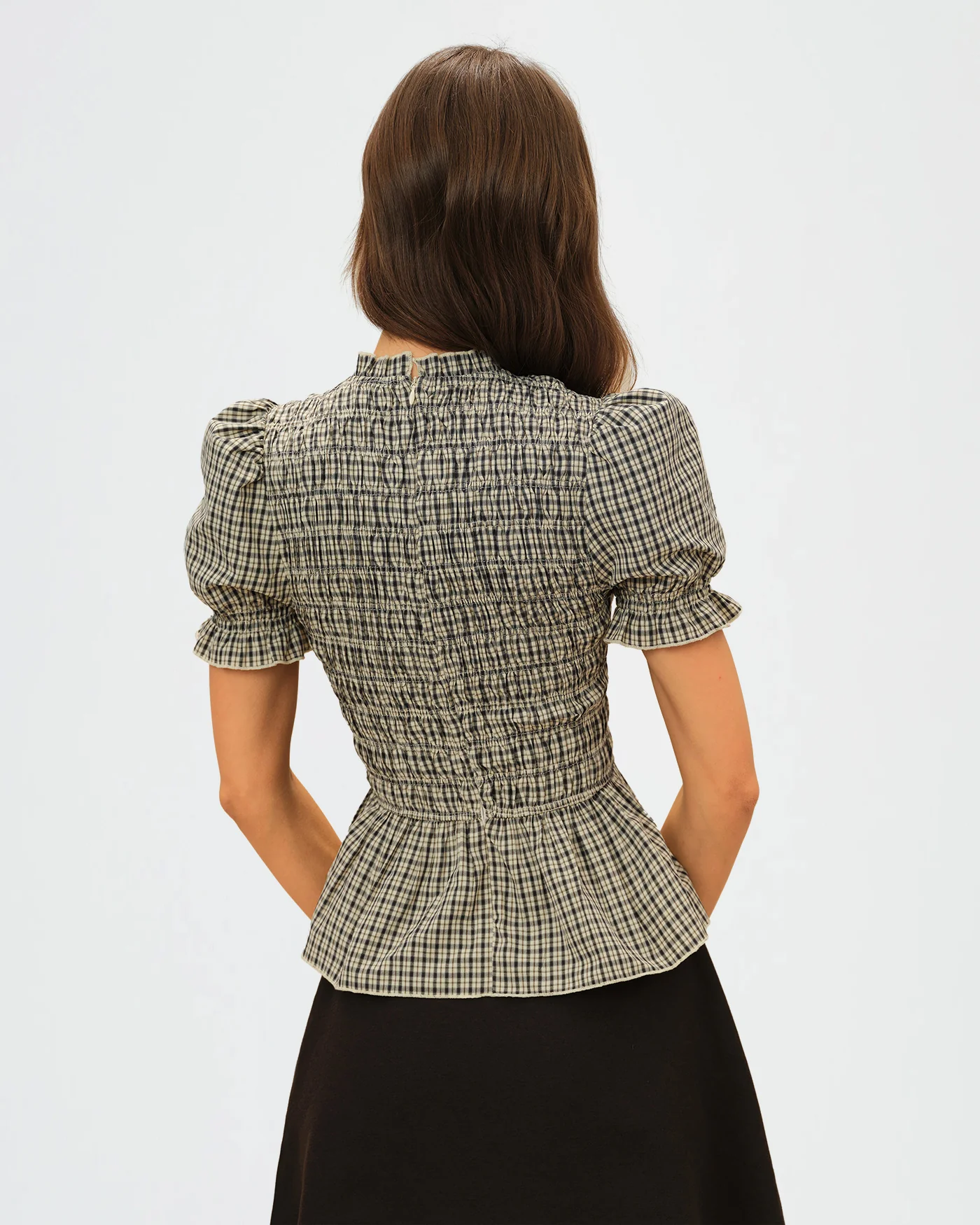 Apricot Lantern Sleeve Shirred Plaid Tee - Image 4