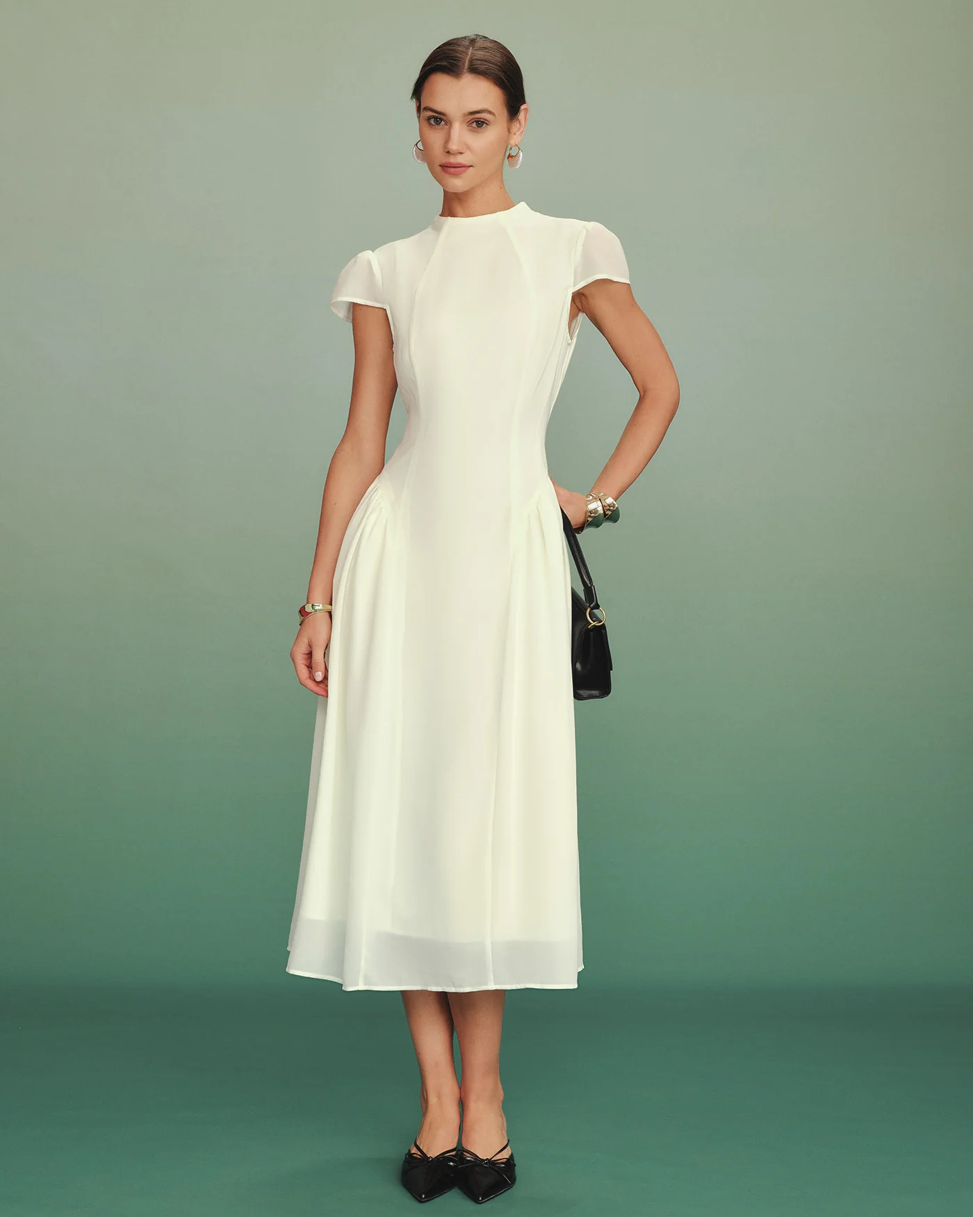 Apricot Mock Neck A-Line Midi Dress - Image 3