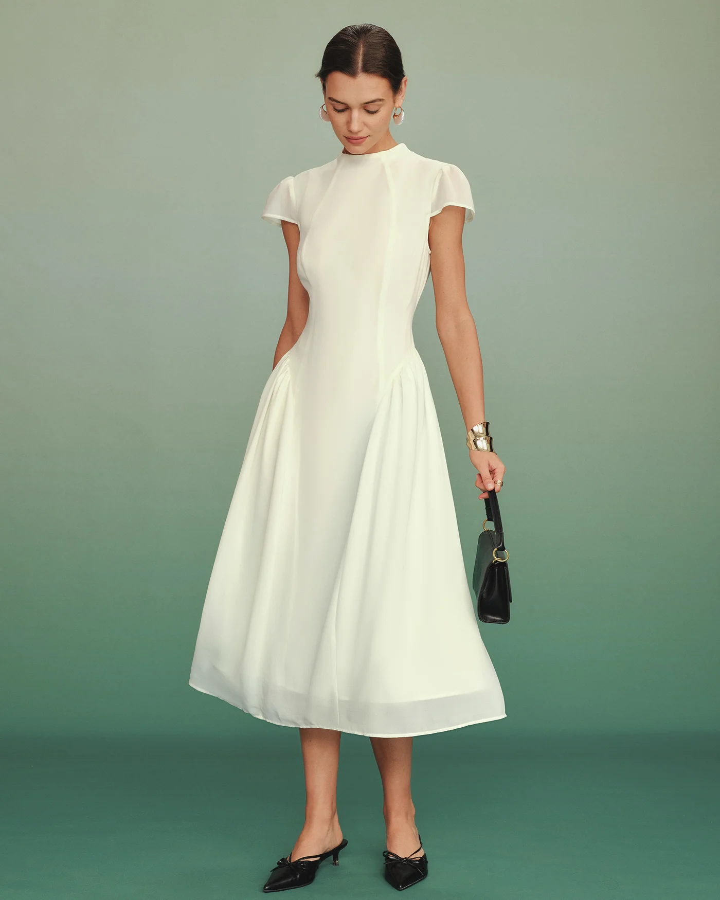 Apricot Mock Neck A-Line Midi Dress - Image 4