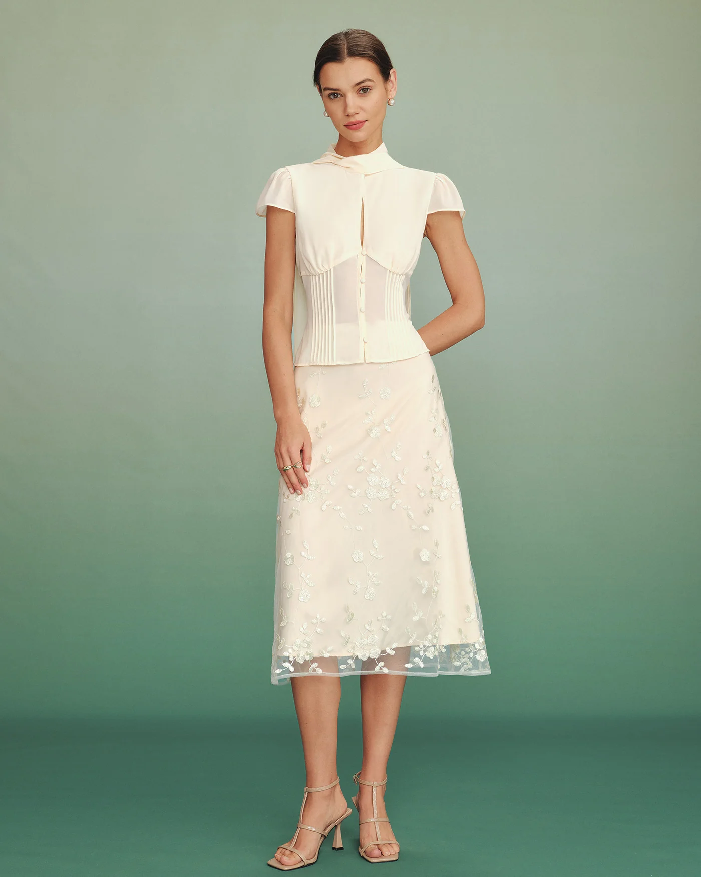 Apricot Mock Neck Button Chiffon Blouse - Image 5