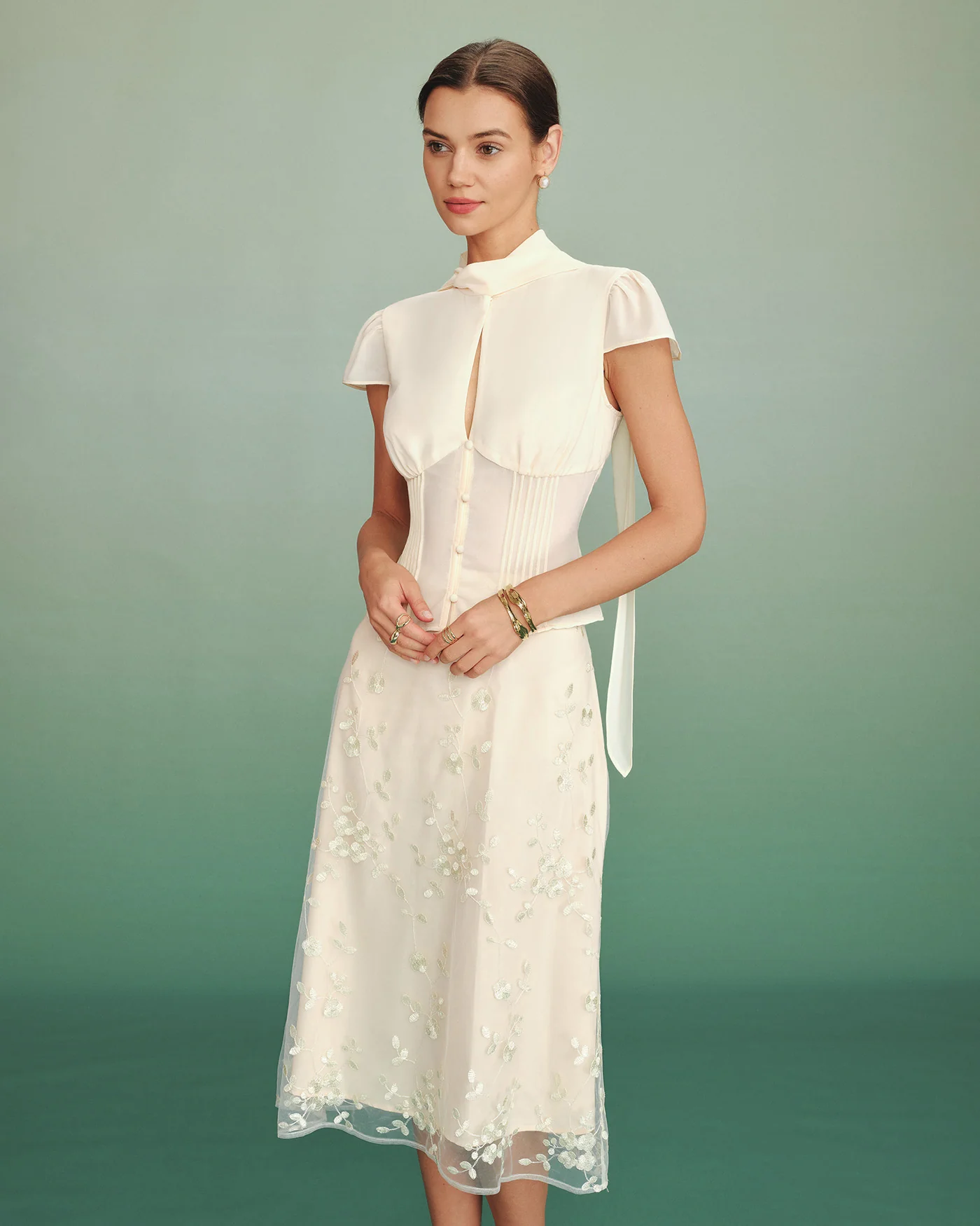 Apricot Mock Neck Button Chiffon Blouse - Image 6