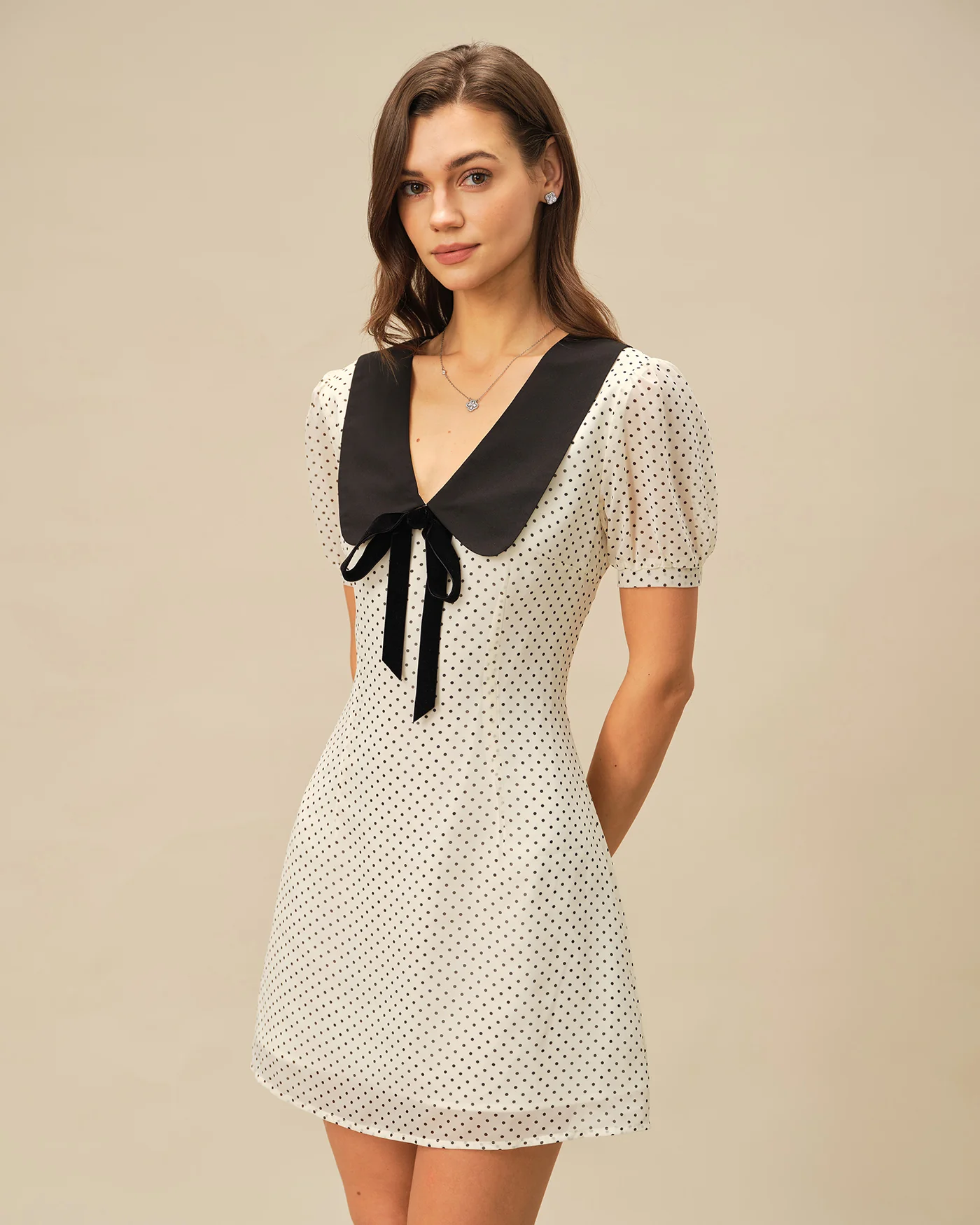 Apricot Polka Dot Contrasting Mini Dress - Image 3