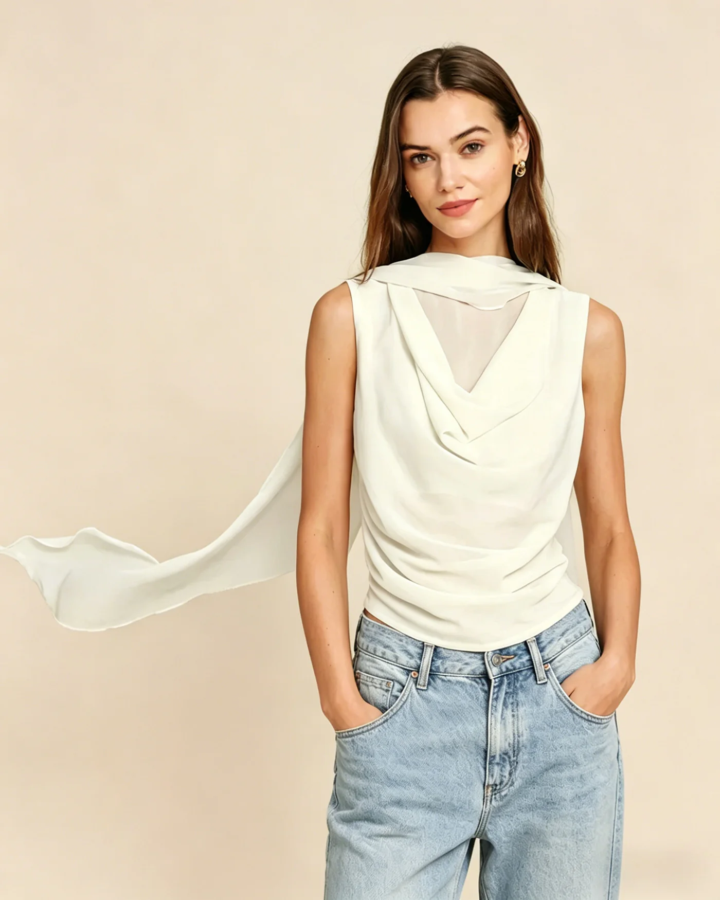 Apricot Round Neck Ruched Tee - Image 2