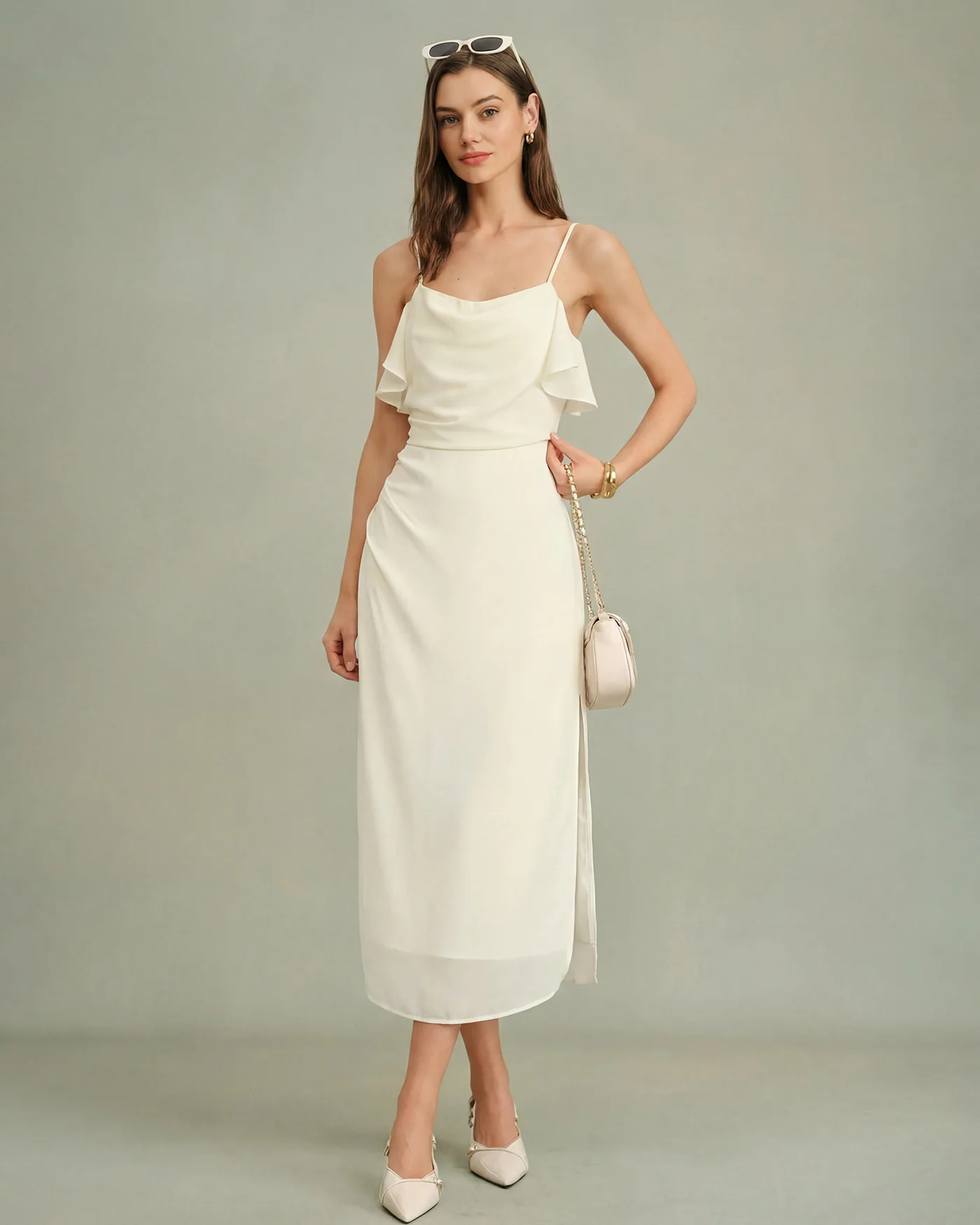 Apricot Ruffle Slip Chiffon Midi Dress - Image 3