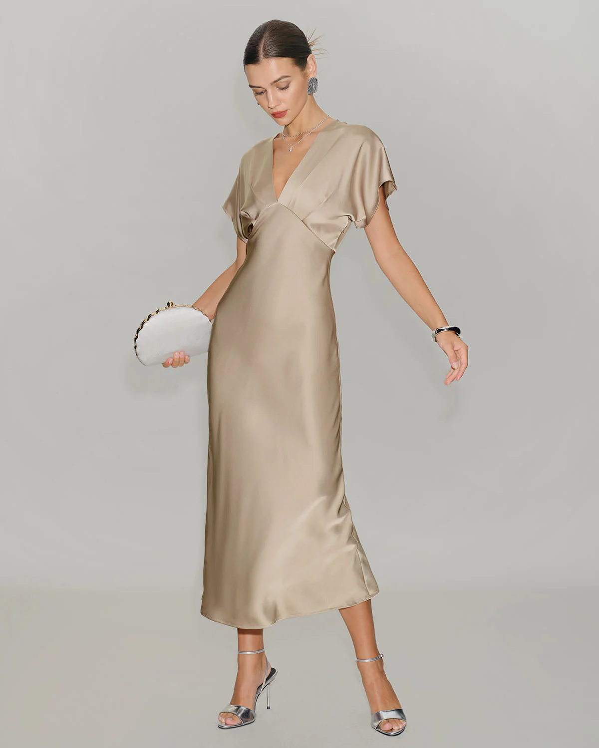 Apricot Satin V Neck A-Line Midi Dress - Image 3