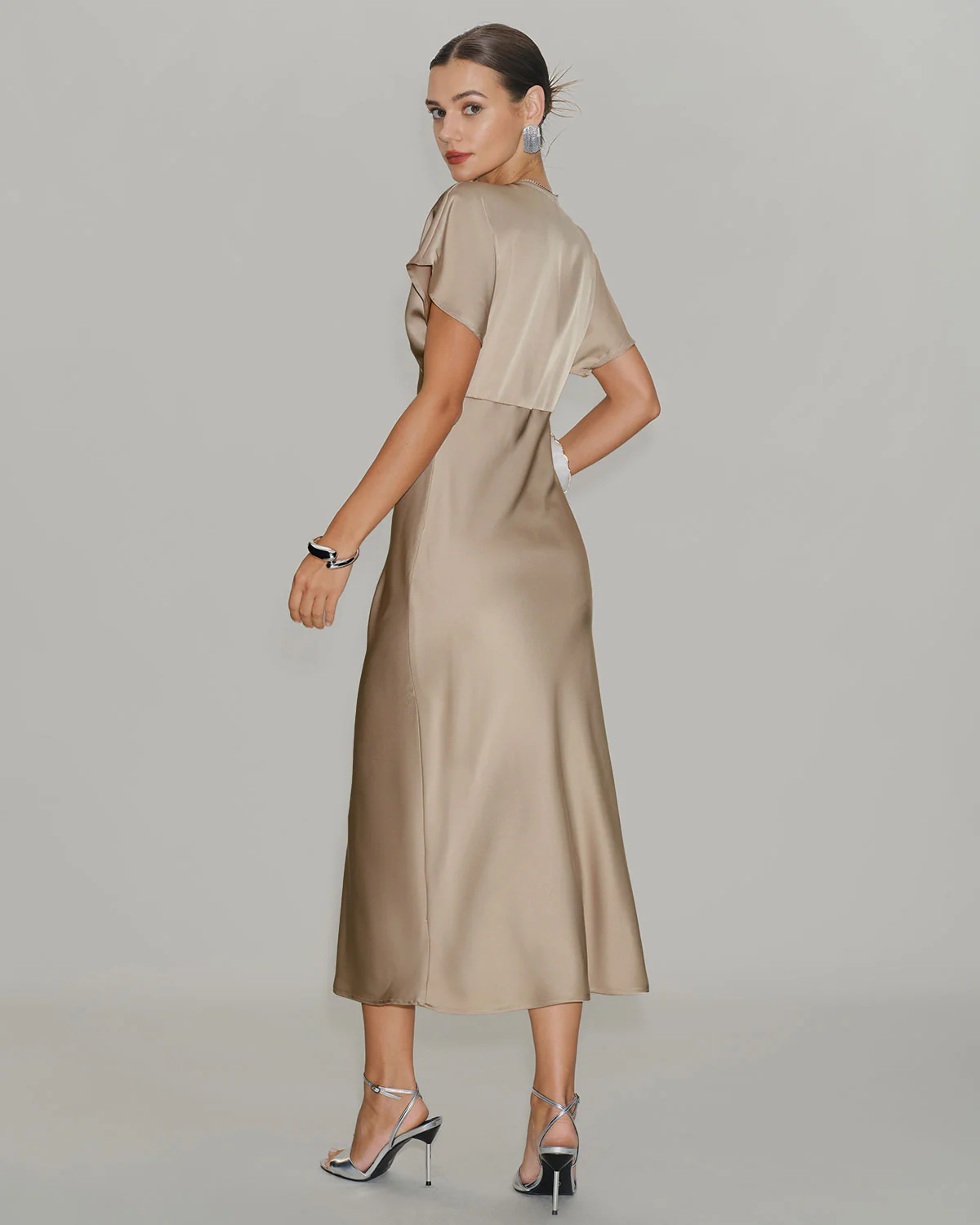 Apricot Satin V Neck A-Line Midi Dress - Image 4