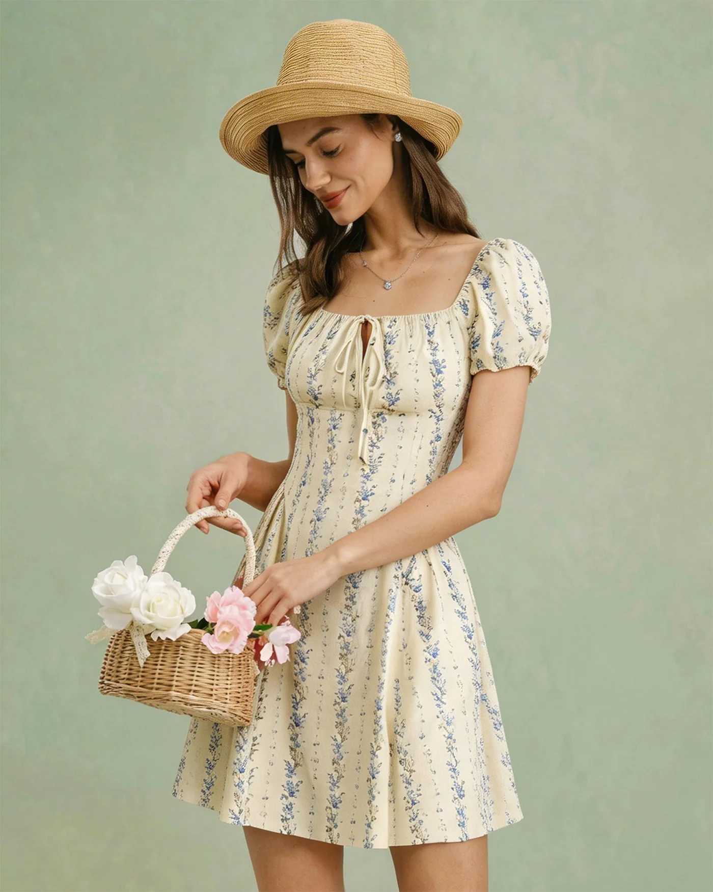 Apricot Square Neck Floral Mini Dress - Image 2
