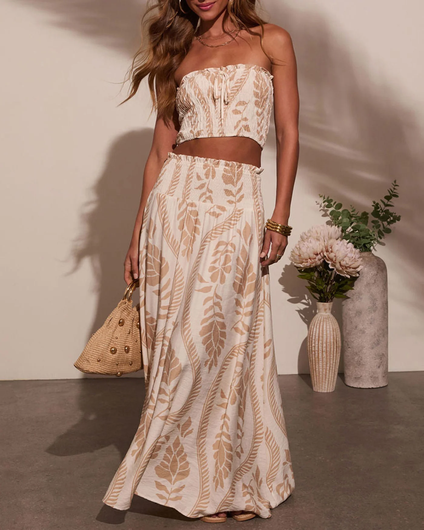 Apricot Strapless Shirred Two-Piece Skirt Set - Image 4