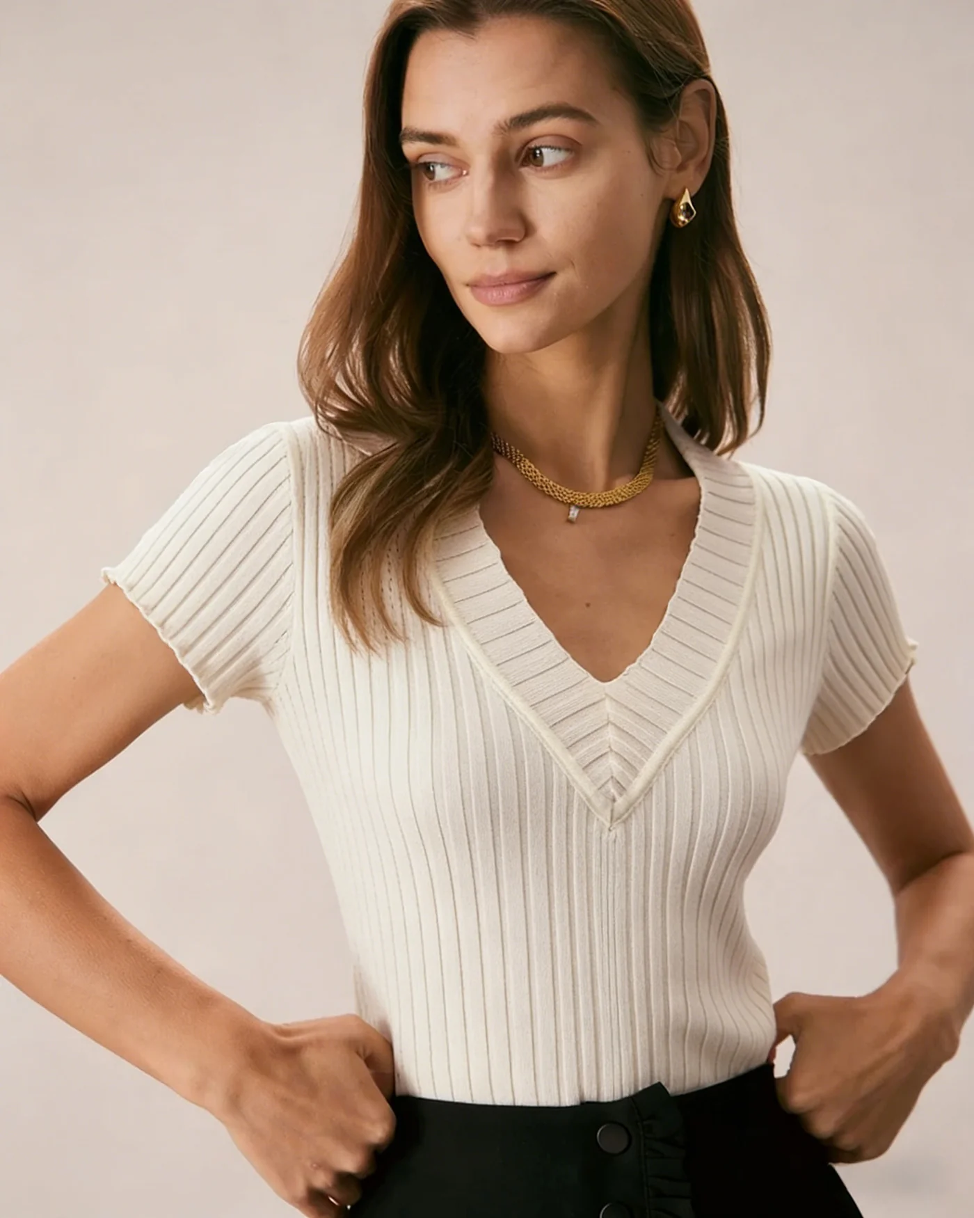 Apricot Textured  V Neck Tee - Image 2