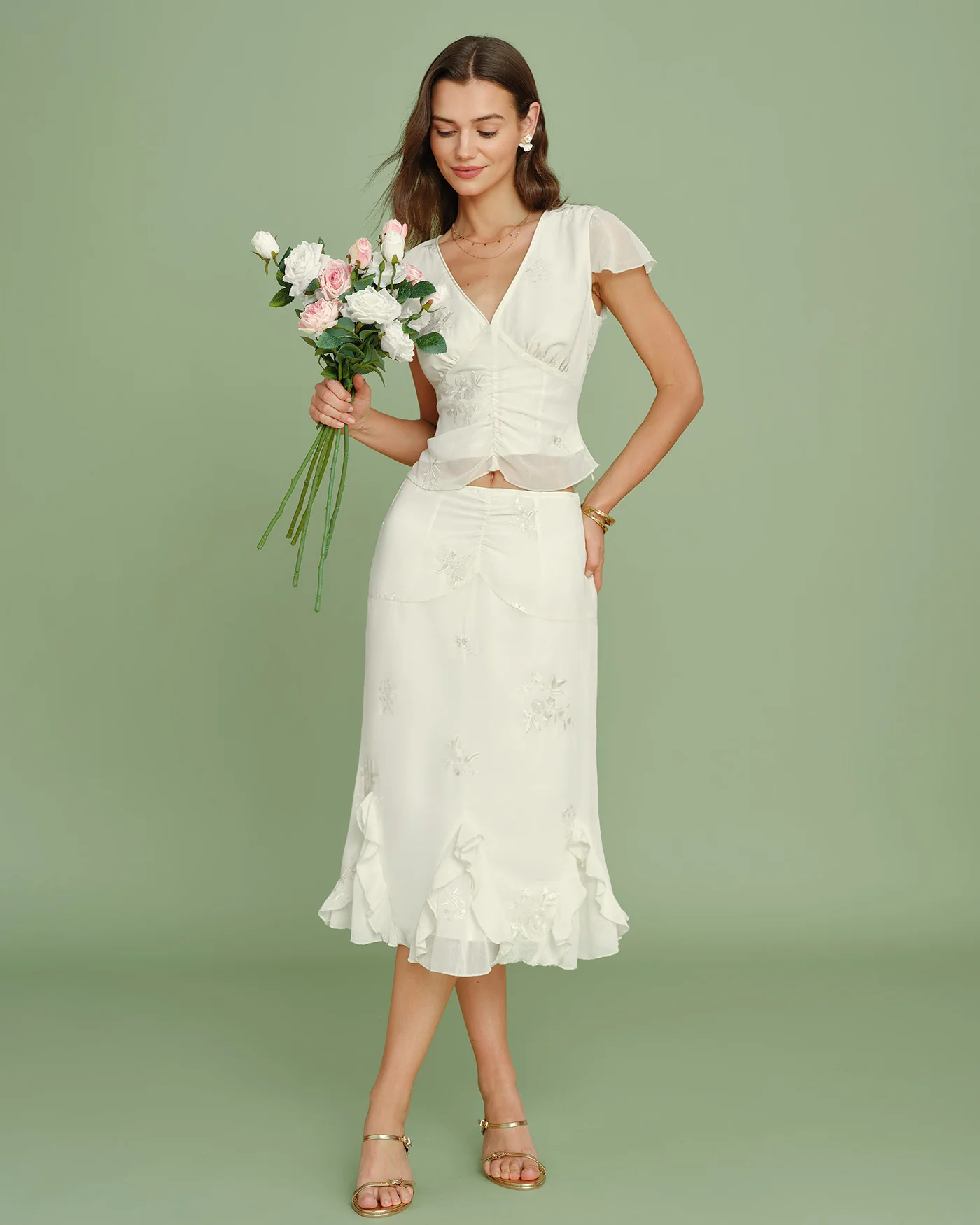 Apricot V Neck Embroidery Tee - Image 4