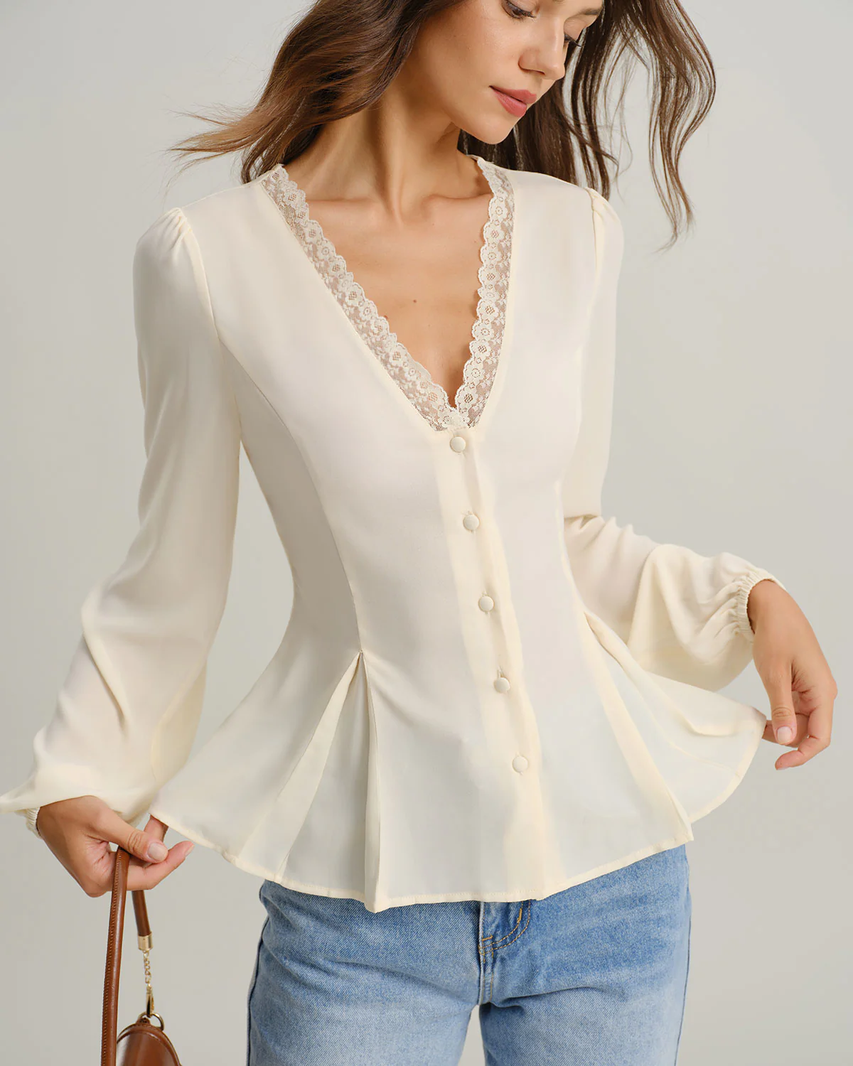 Apricot V Neck Lace Lantern Sleeve Blouse - Image 3