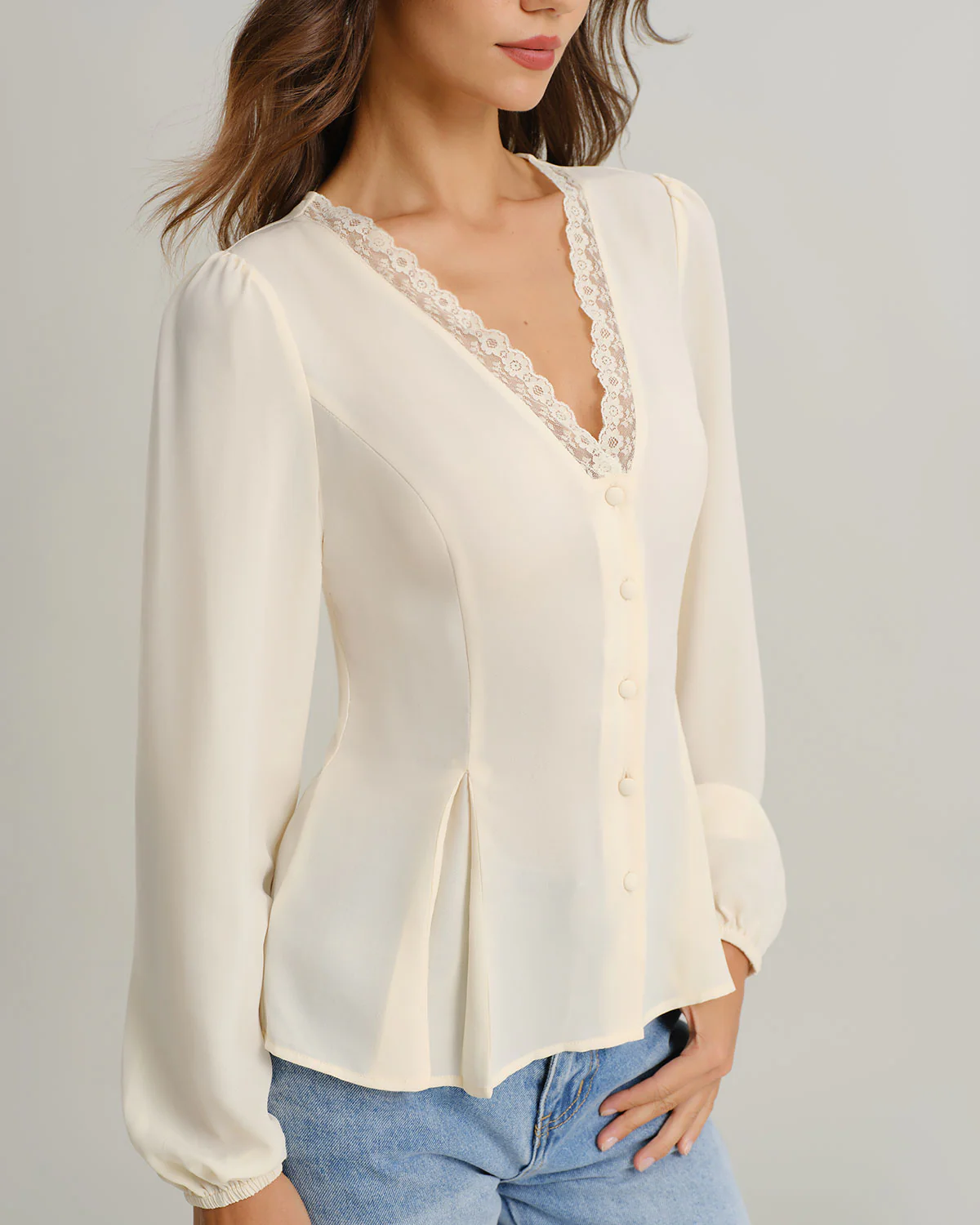 Apricot V Neck Lace Lantern Sleeve Blouse - Image 4
