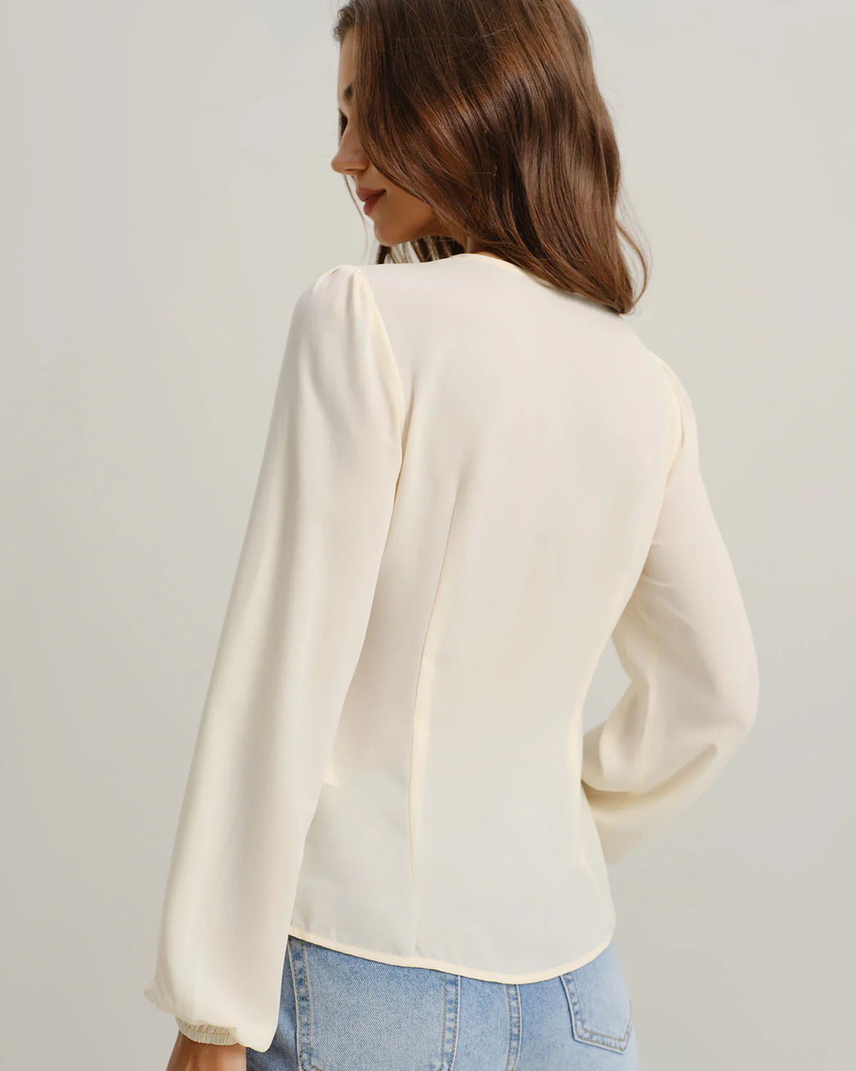 Apricot V Neck Lace Lantern Sleeve Blouse - Image 5