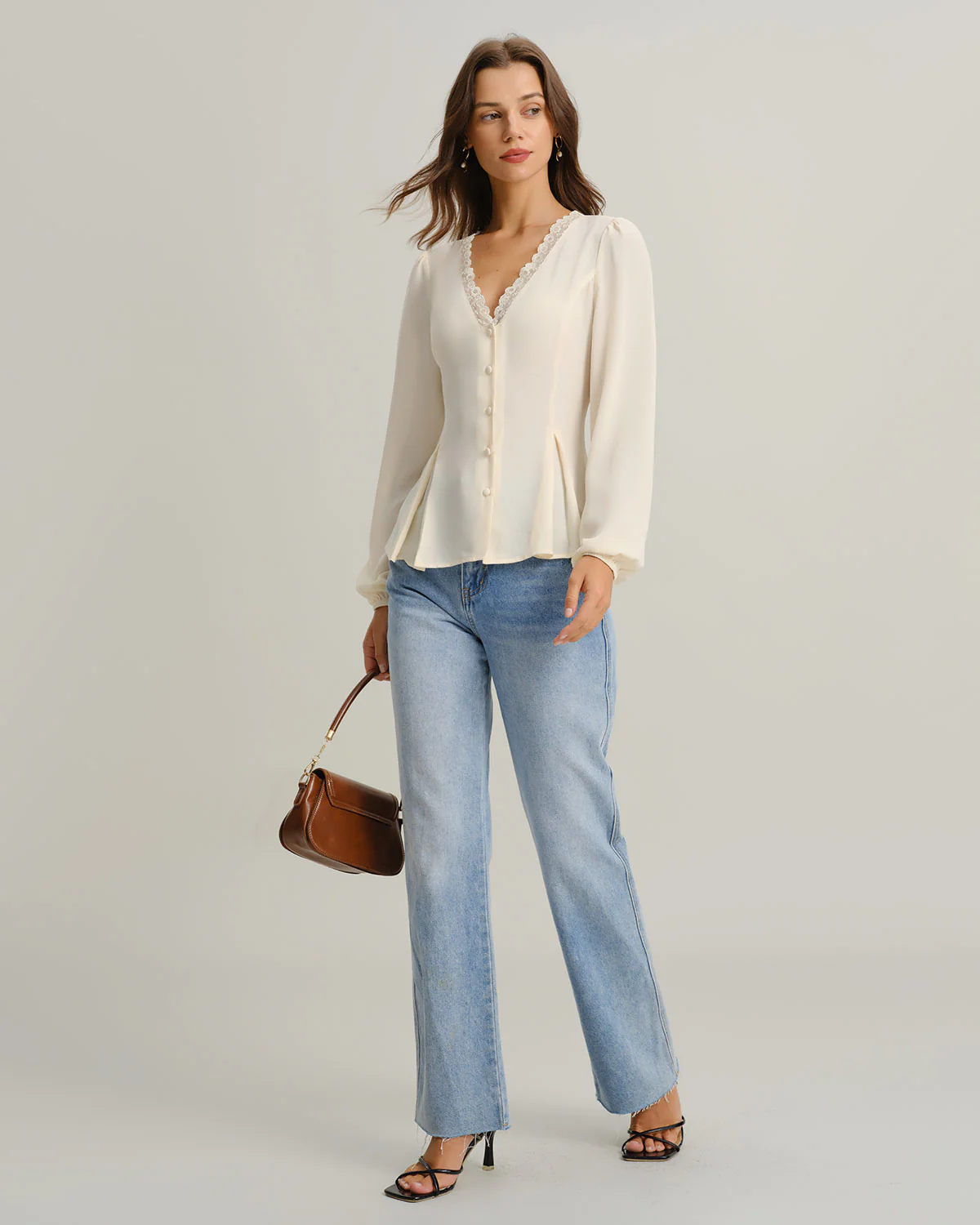 Apricot V Neck Lace Lantern Sleeve Blouse - Image 6