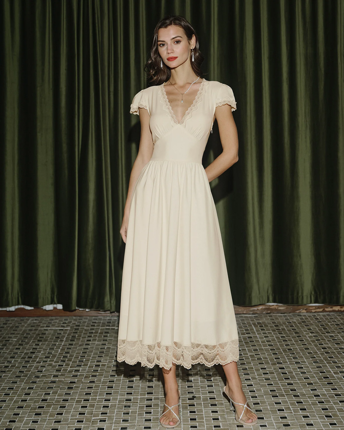 Apricot V Neck Lace Maxi Dress - Image 3