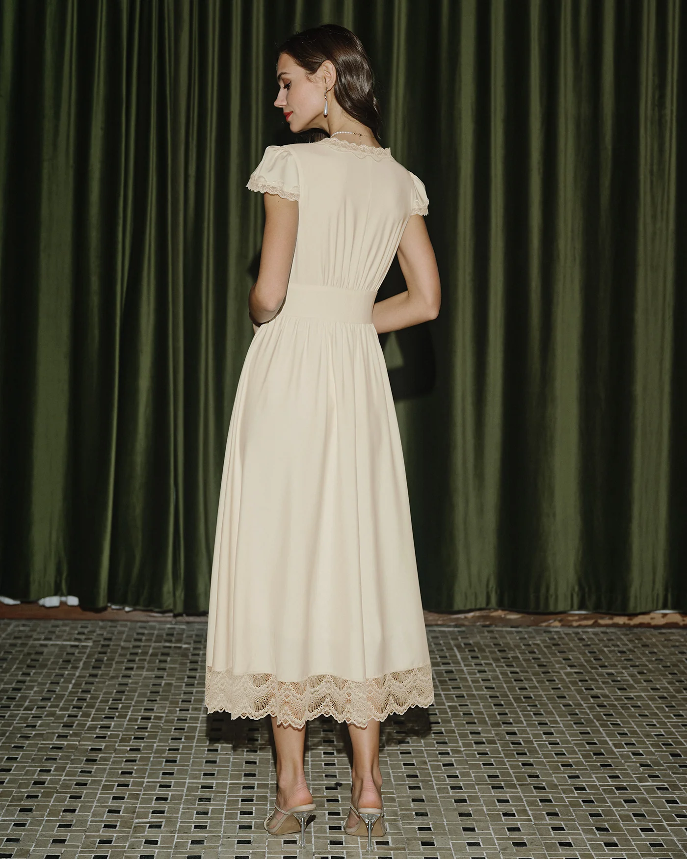 Apricot V Neck Lace Maxi Dress - Image 5