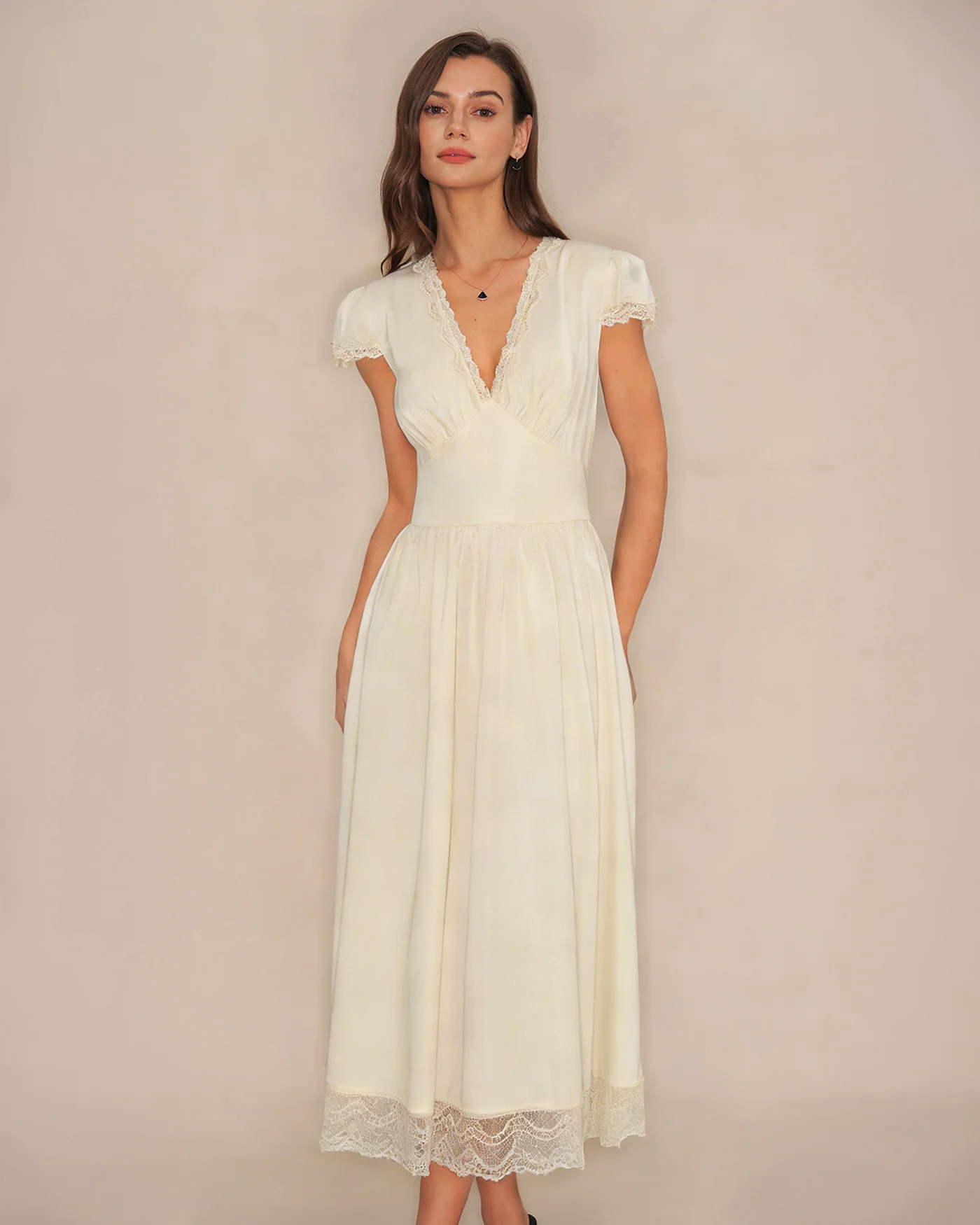 Apricot V Neck Lace Maxi Dress - Image 6